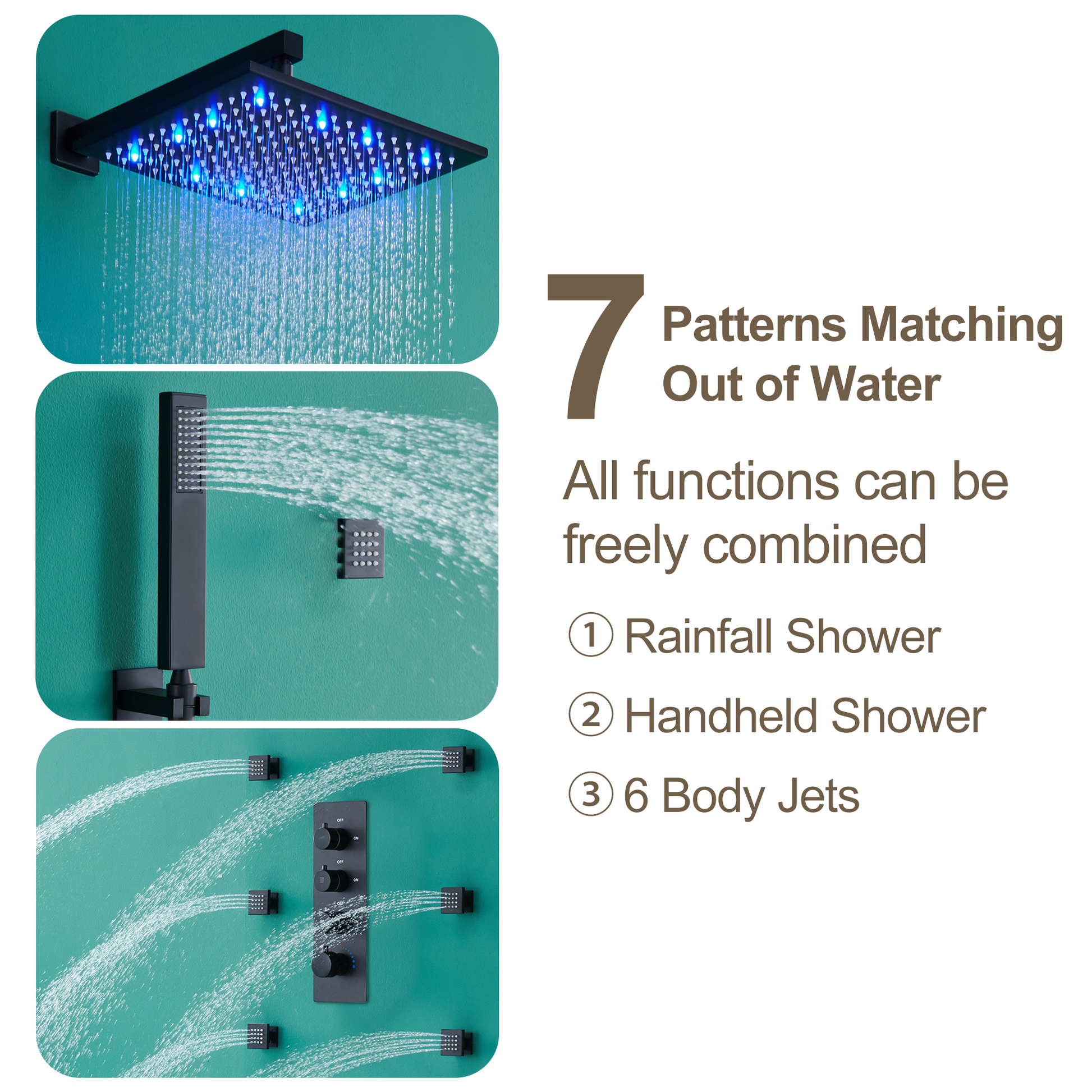 12" Thermostatic LED Shower System Wall-Mount Rain Showerhead with 6 Body Jets