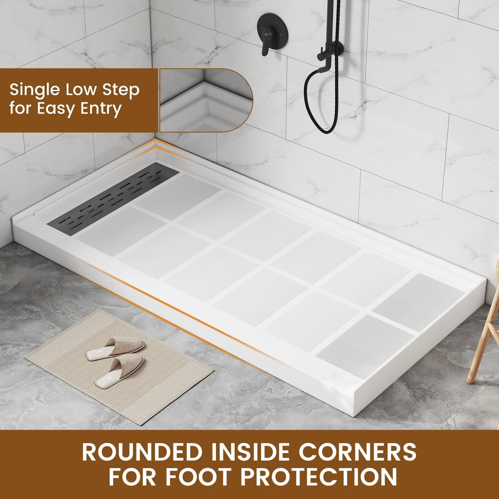 60"x32" White Solid Surface Single Threshold Alcove Shower Pan Base