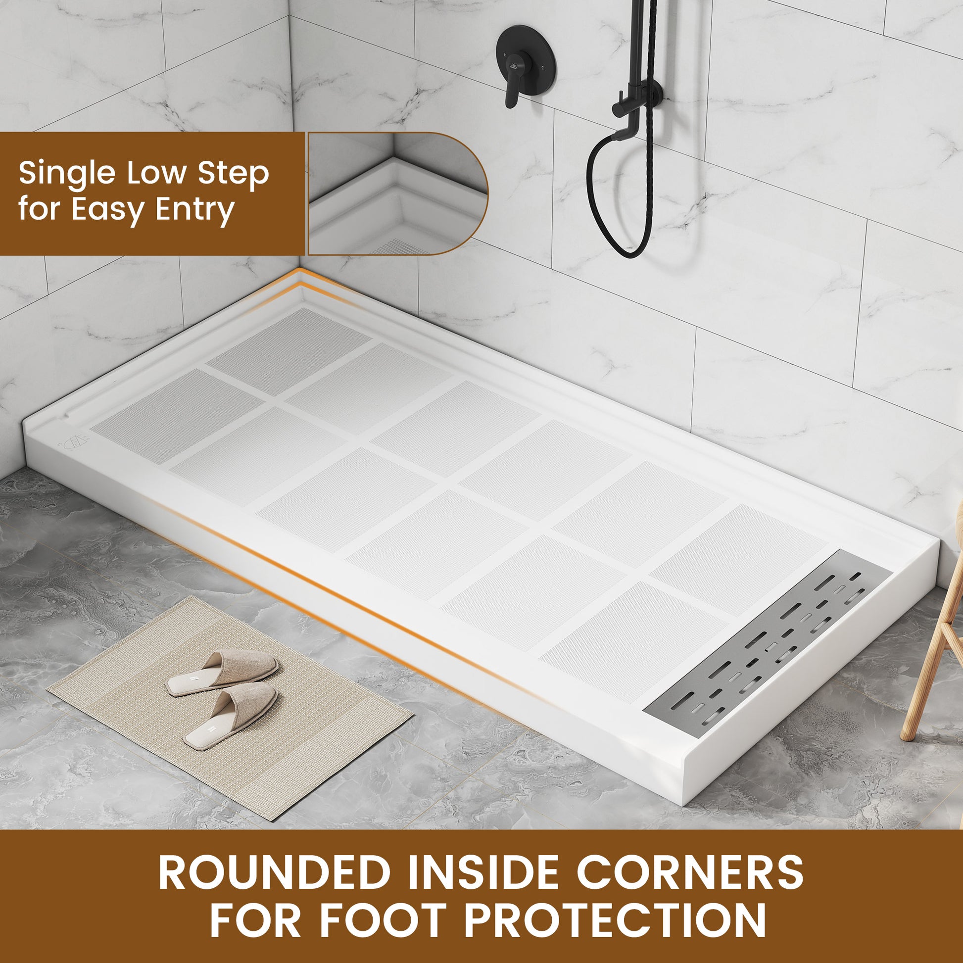 60"x32" White Solid Surface Single Threshold Alcove Shower Pan Base