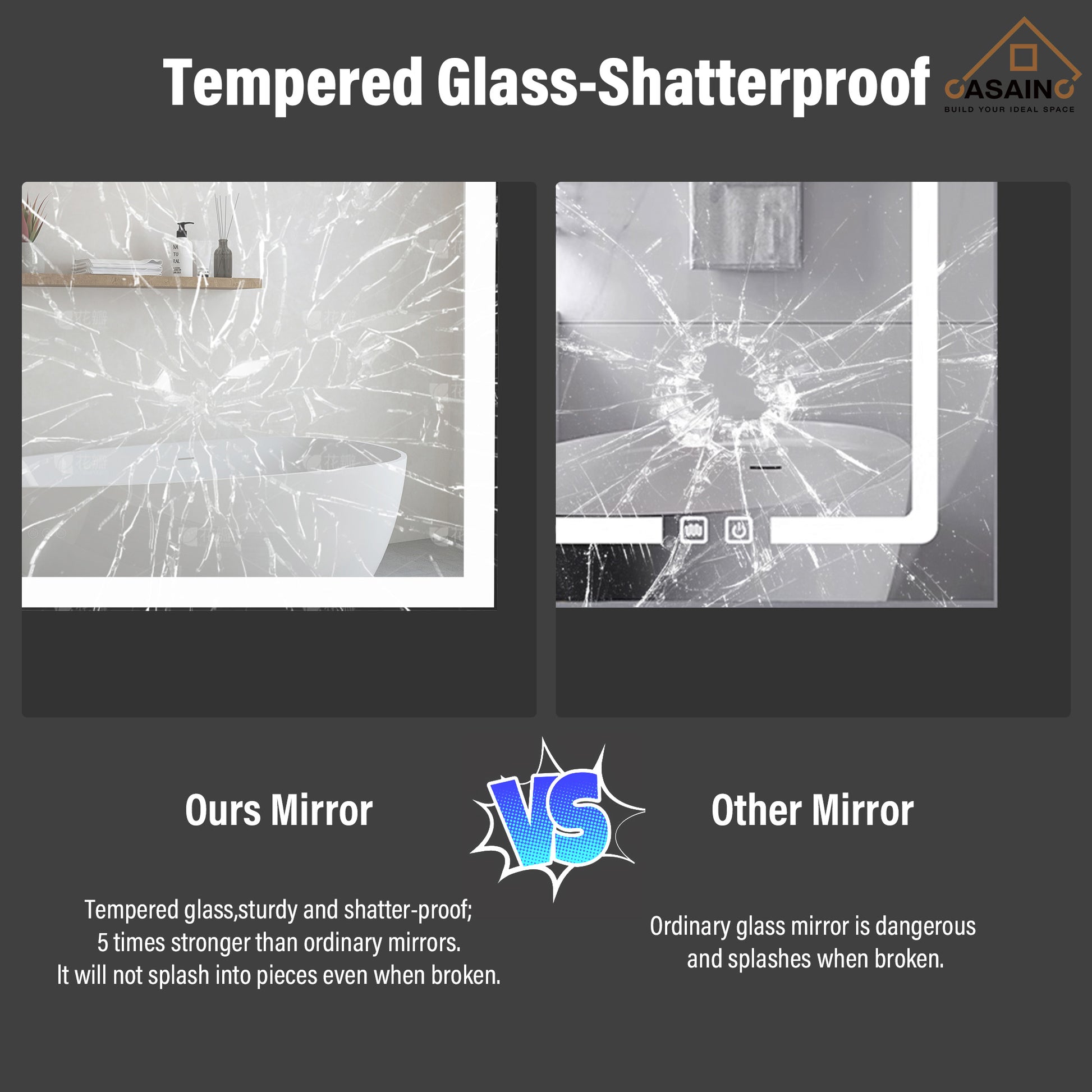 Tempered Glass LED Mirror with Aluminum Frame for Bathroom Vanity