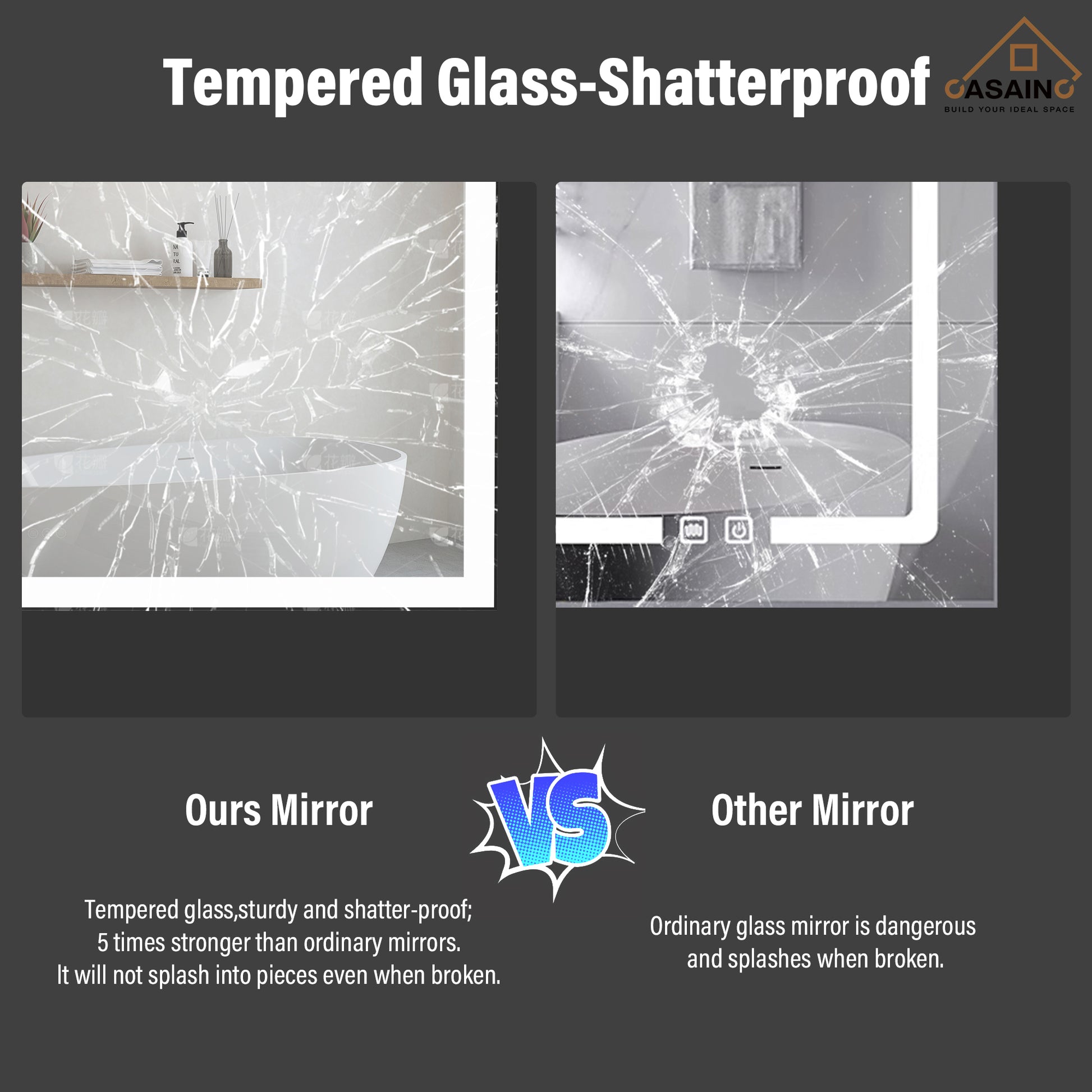 Tempered Glass LED Mirror with Aluminum Frame for Bathroom Vanity