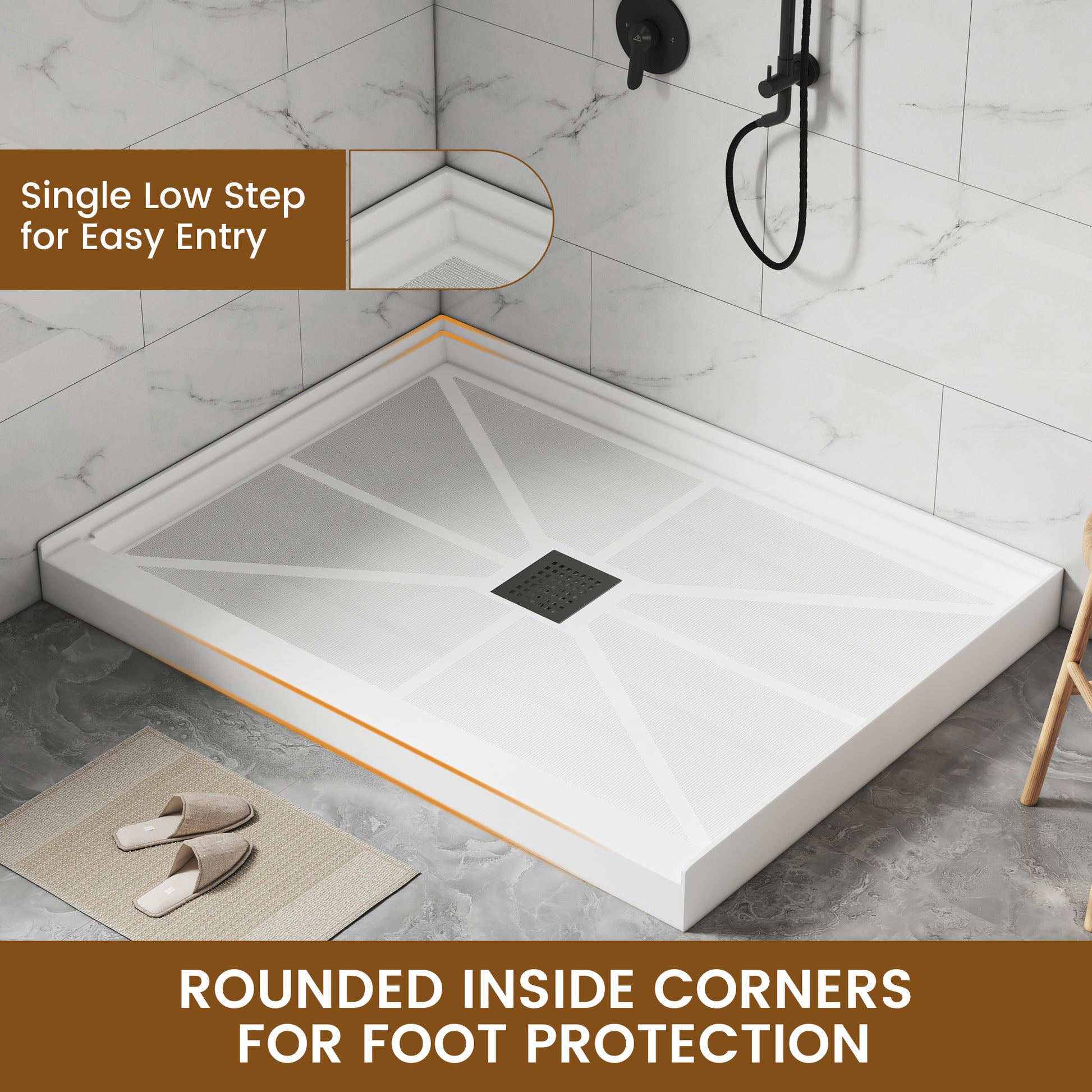 Rectangle Solid Surface White Shower Pan Base with Center Drain