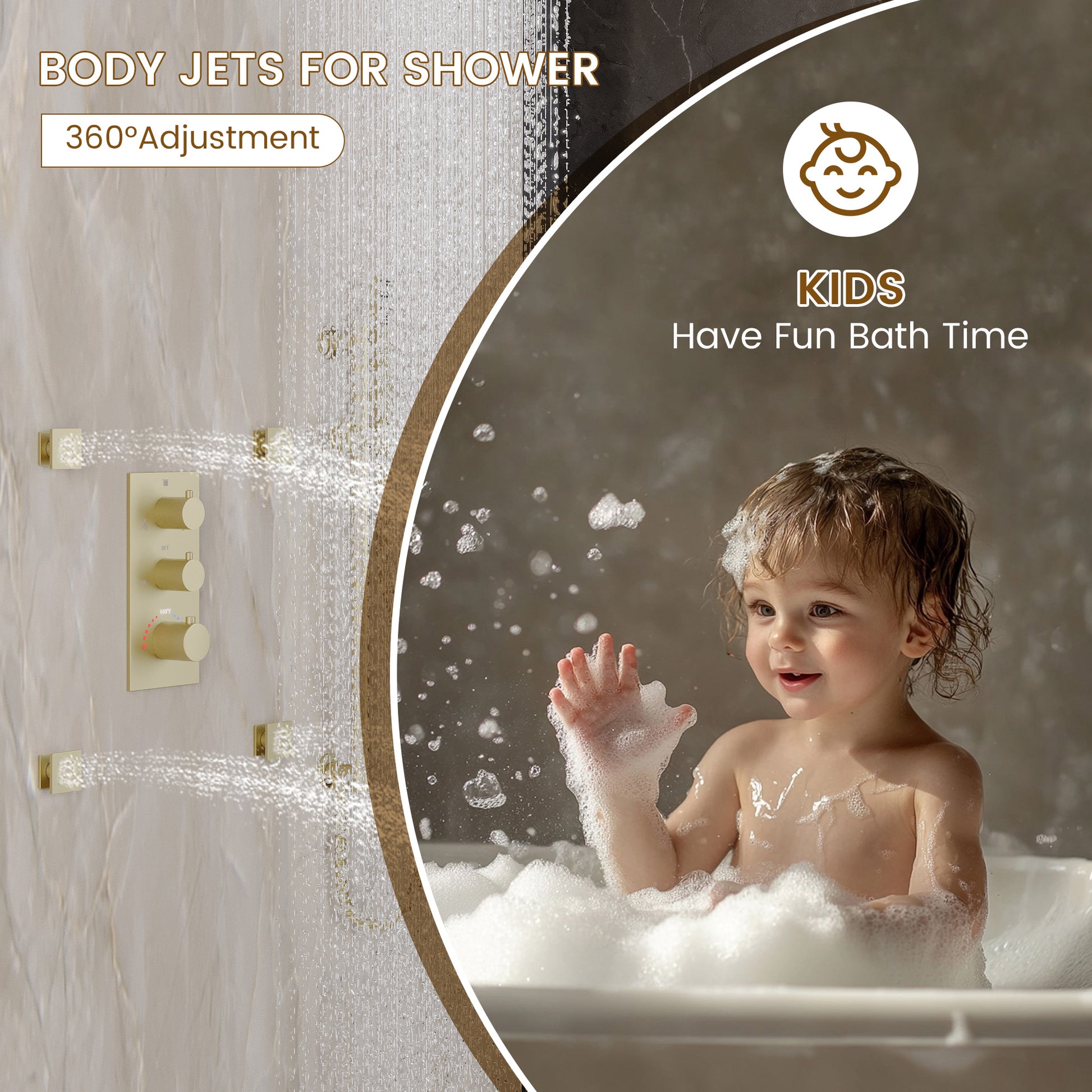 12-inch 3-Function Thermostatic Rain Shower System with Body Jets & Slide Bar