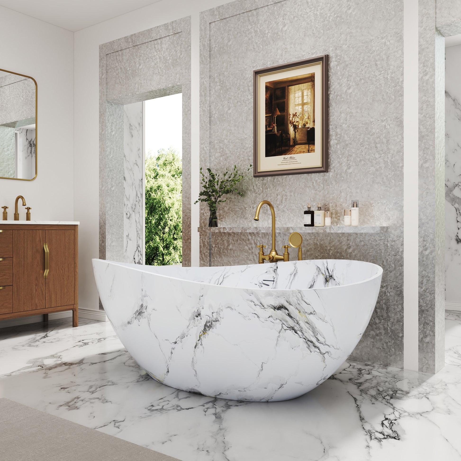 63" Artistic Marble Sculptural Solid Surface Freestanding Soaking Bathtub