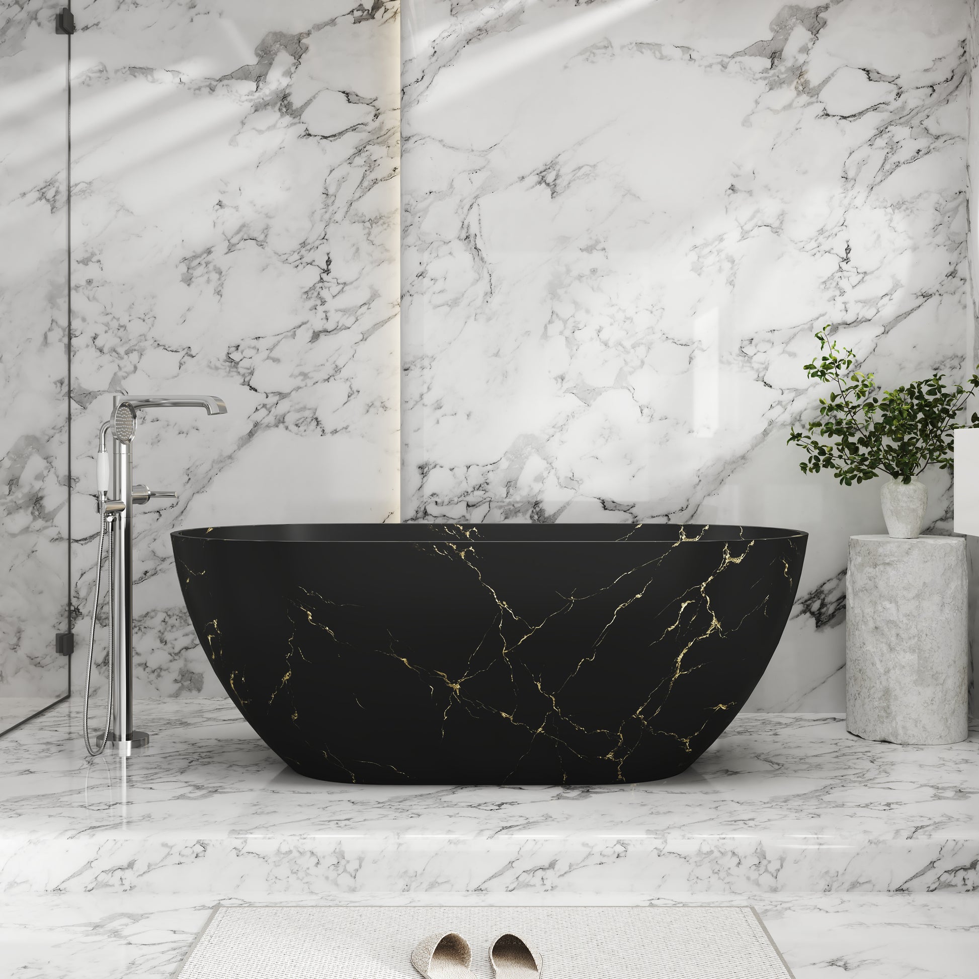 59" Oval Solid Surface Freestanding Bathtub with Black & Gold Star River Pattern