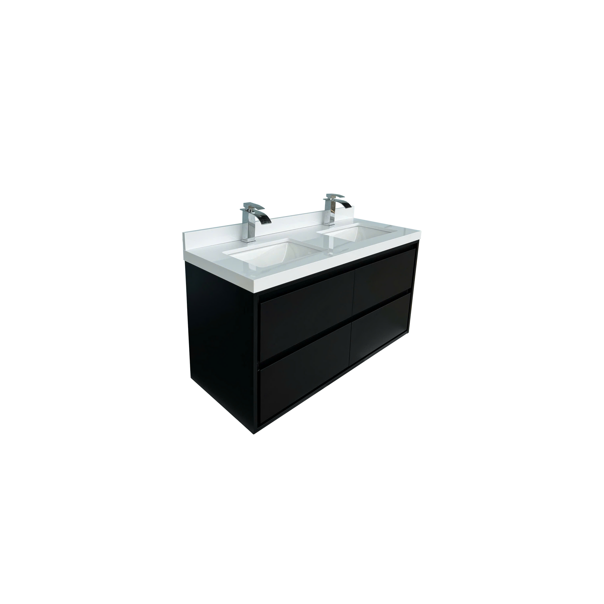 48" Matte Black Wall-mount Bathroom Vanity with Double Sink & Marble Top