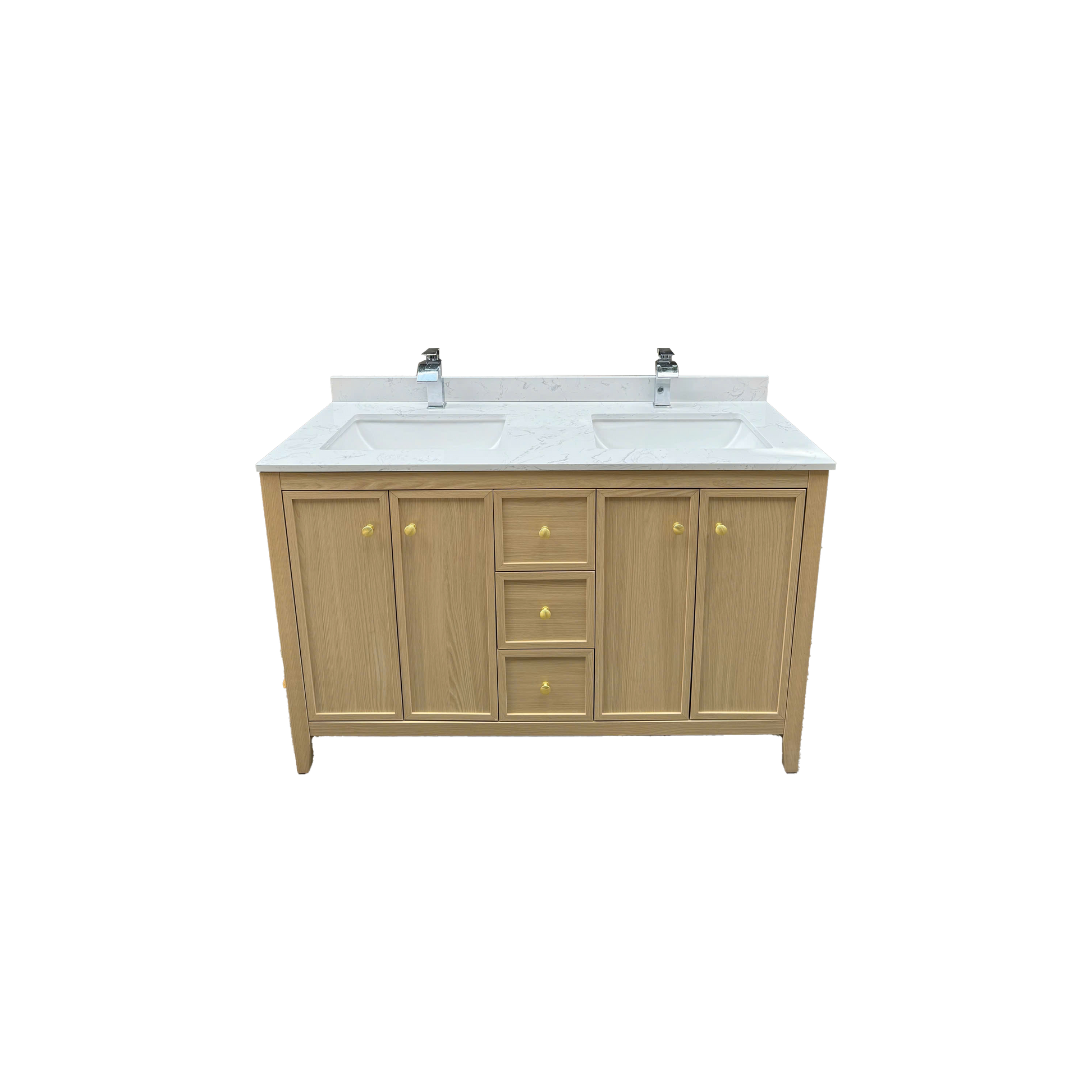 54" Light Oak Freestanding Bathroom Vanity with Double Sink & Marble Top
