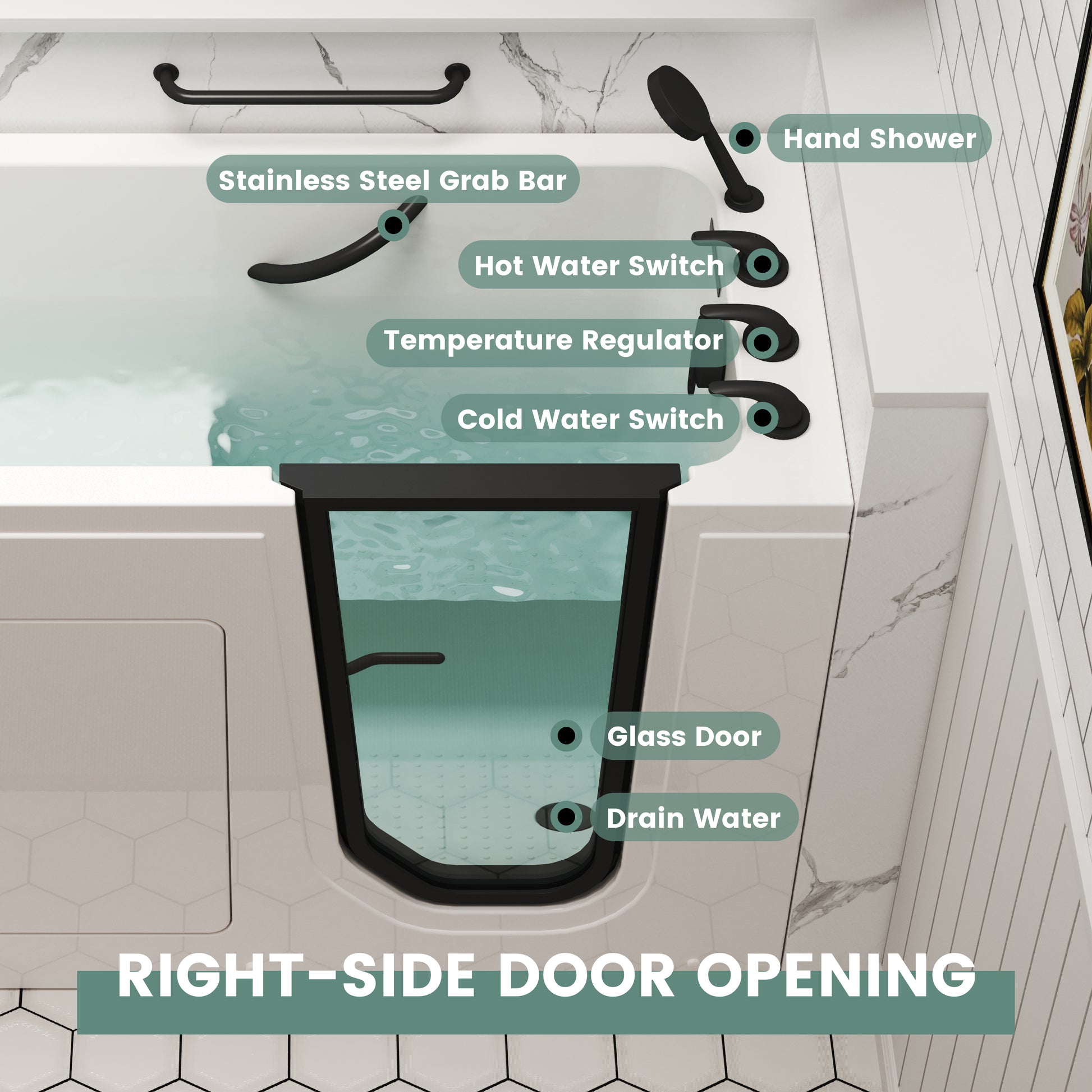 49" Glossy White Acrylic Walk-In Soaking Bathtub with High-Flow Faucet