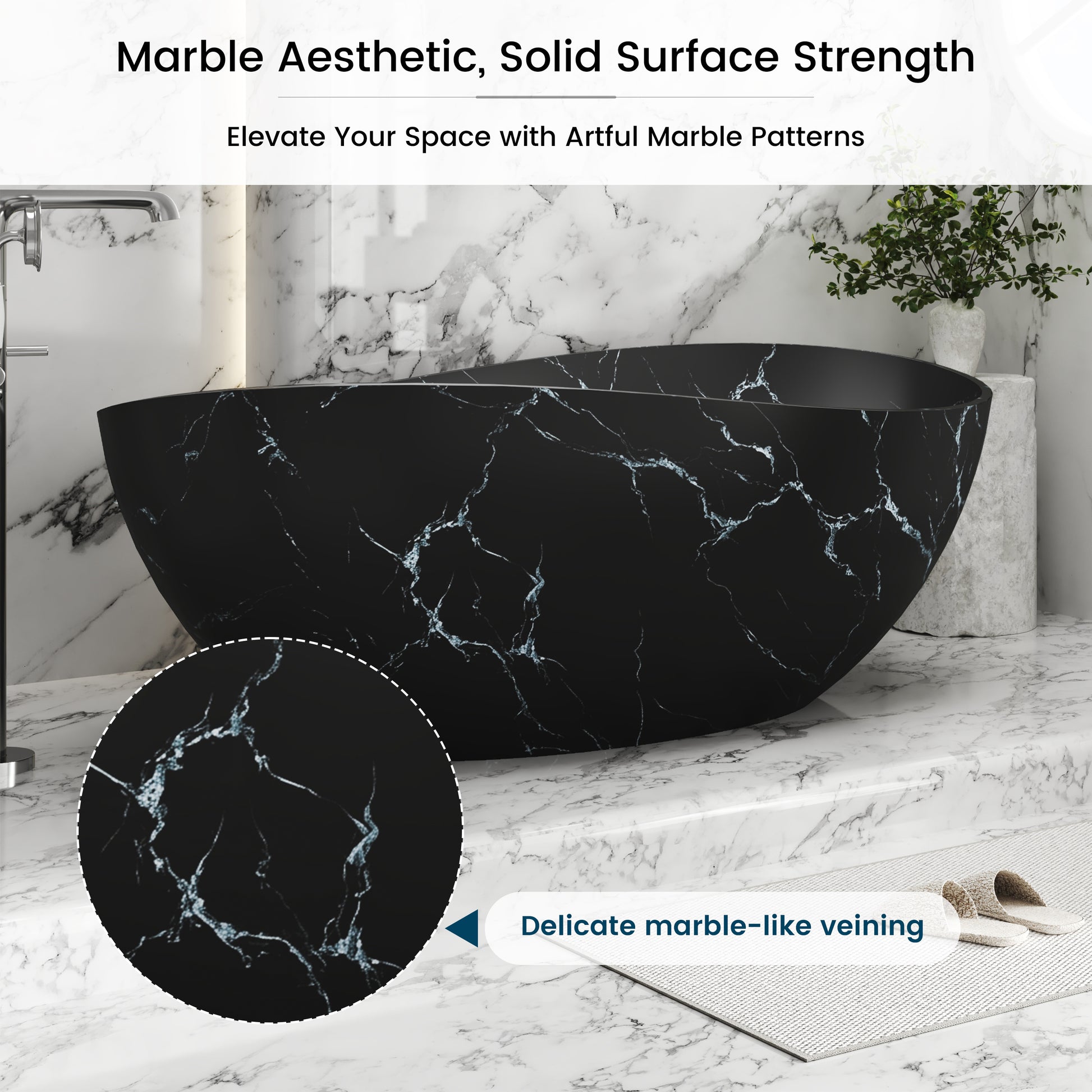 63" Artistic Marble Sculptural Solid Surface Freestanding Soaking Bathtub