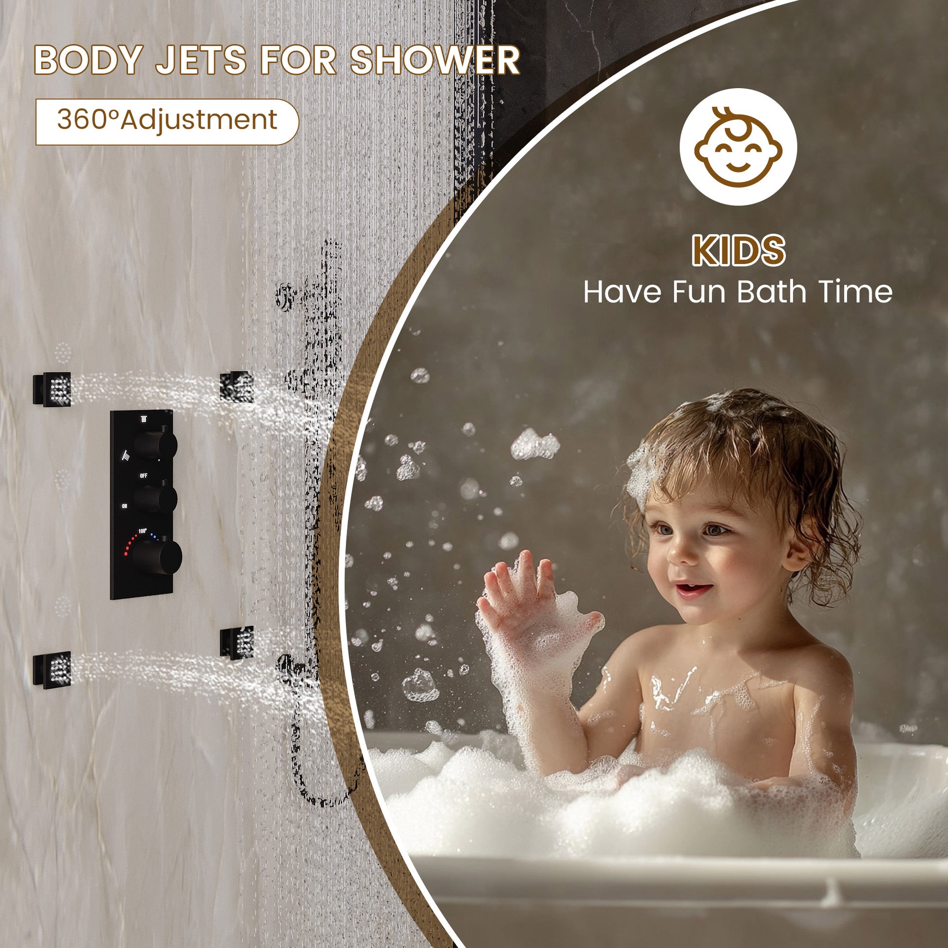 12-inch 3-Function Thermostatic Rain Shower System with Body Jets & Slide Bar
