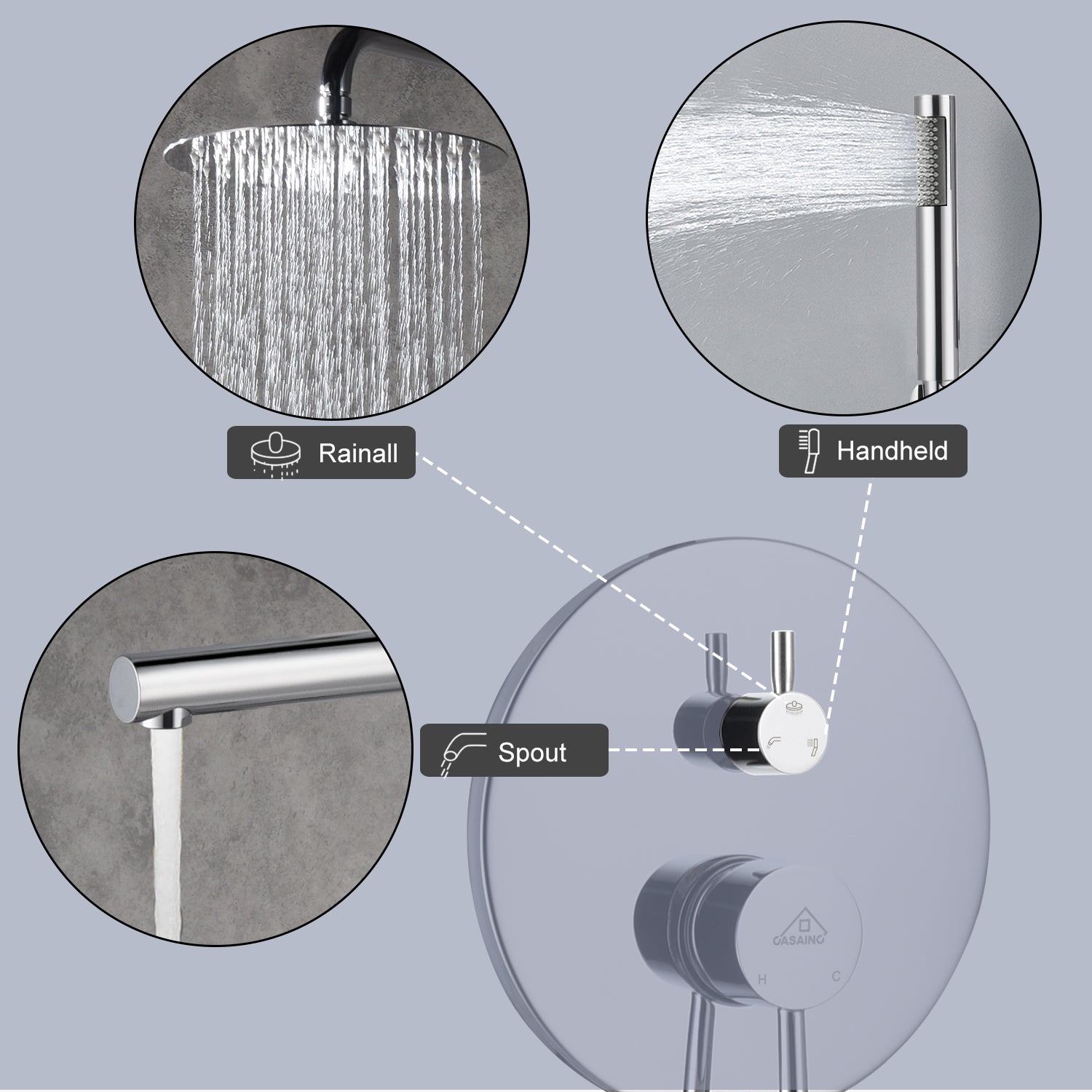 Casainc Round 3 Functions Wall Mount Dual Shower Heads Shower System In Black