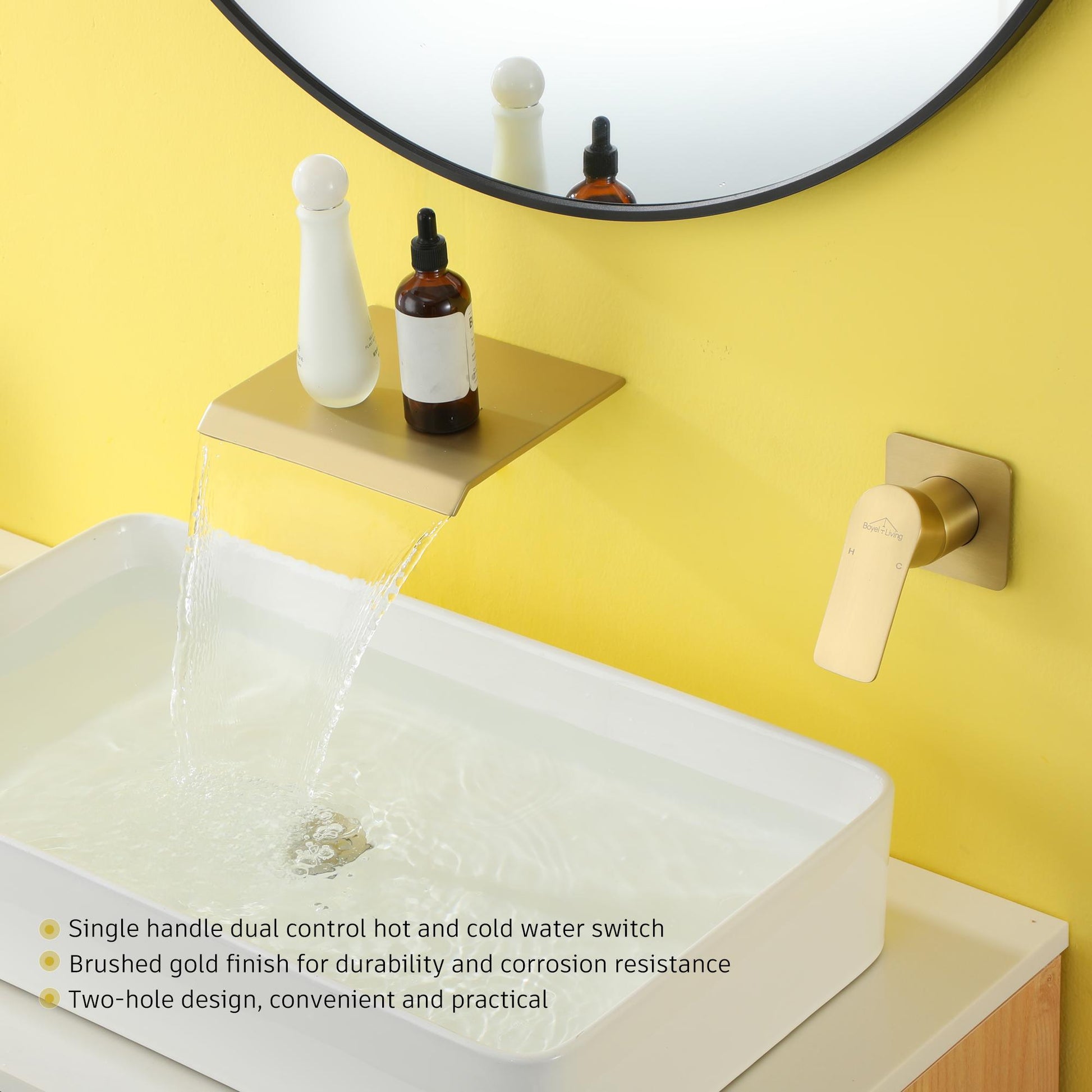 Wall Mounted Waterfall Bathroom Sink Faucet in Matte Black & Brushed Gold