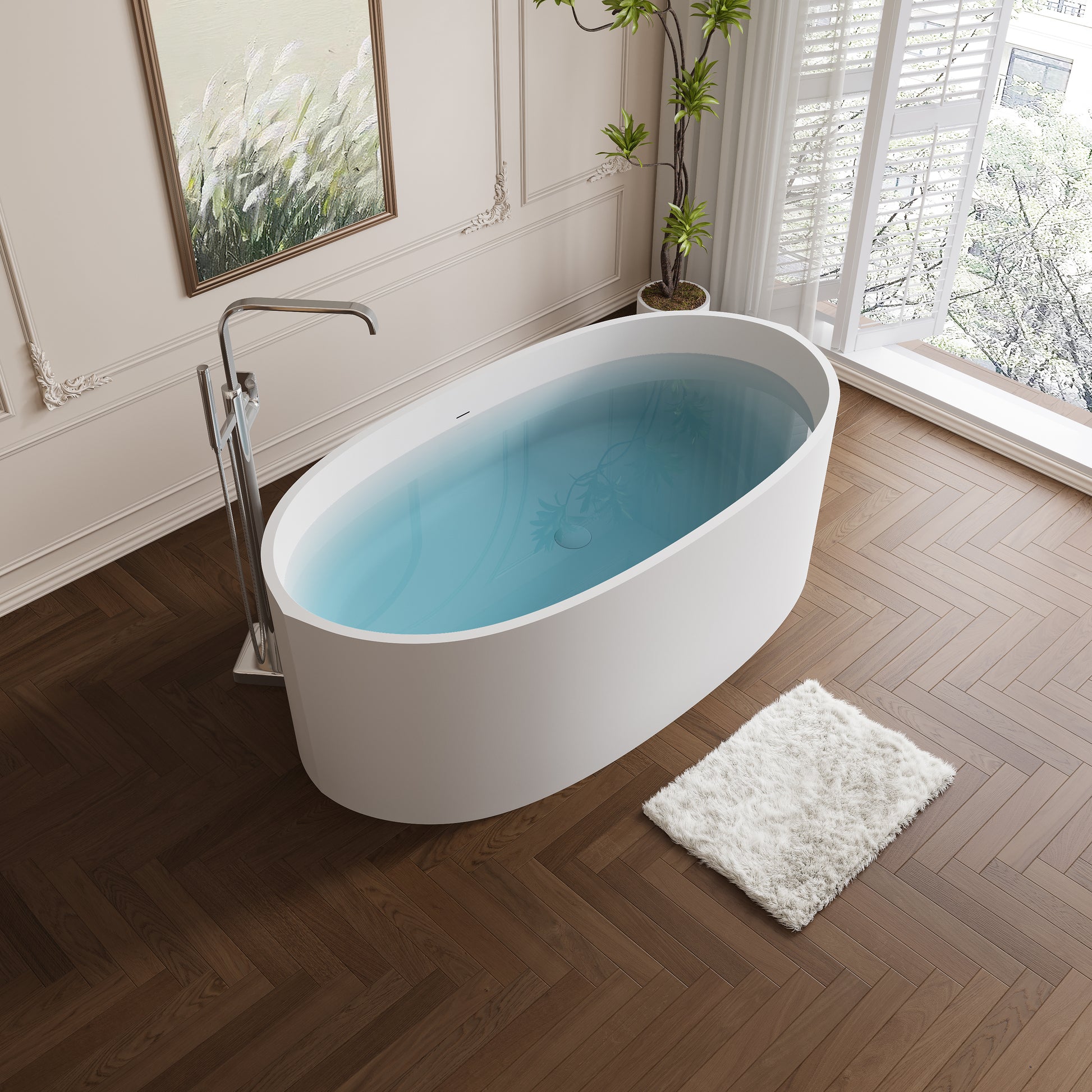 65" Modern Stone Resin Soaking Tub with Ergonomic Design & Copper Pop-Up Drain