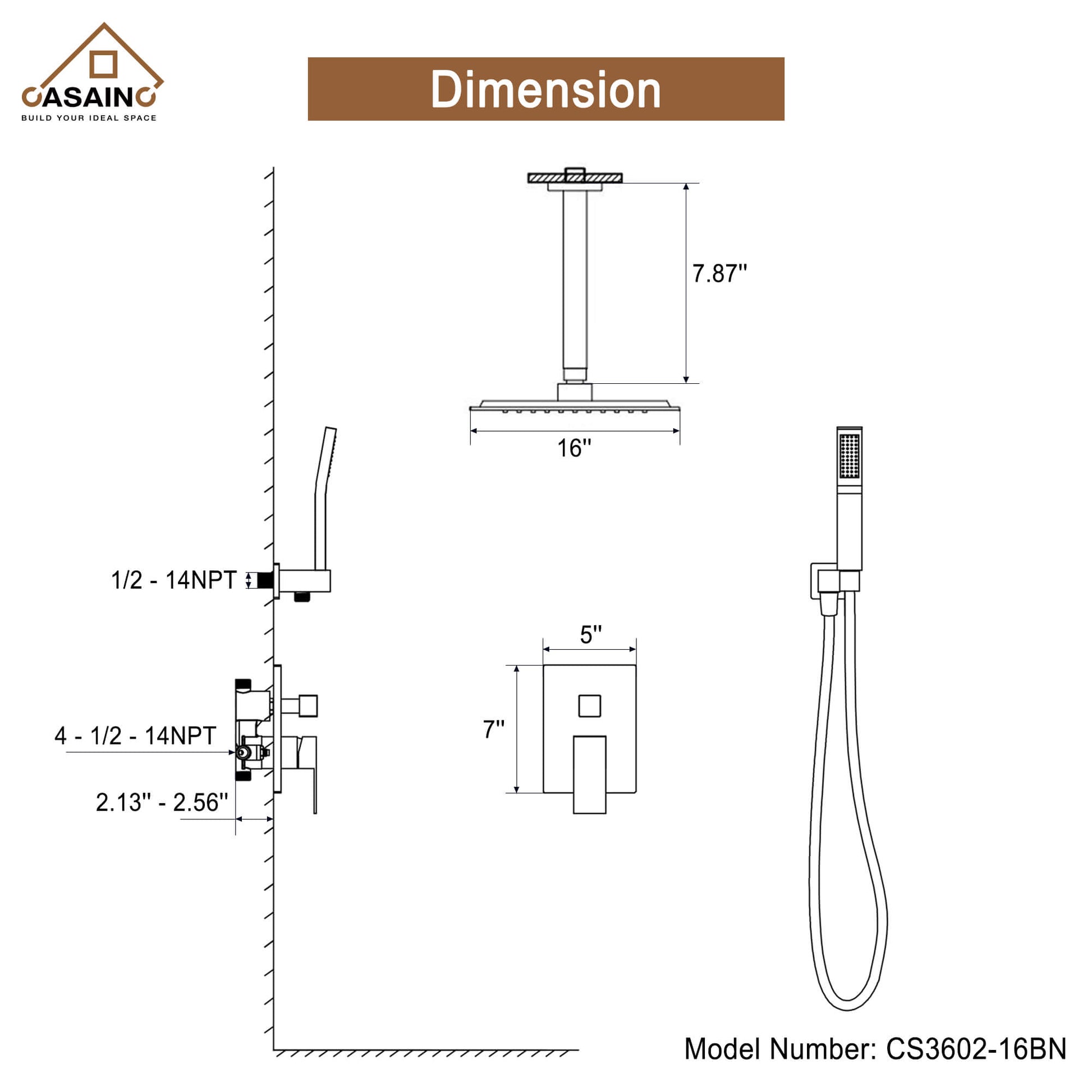 CASAINC 2-Function Shower System with Handheld Shower in Brushed Nickel/Matte Black