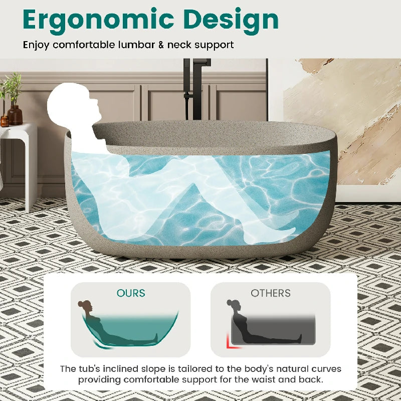 51" Freestanding Stone Resin Soaking Tub with One-Side Overflow, Turquoise Green/Beige/Cream Grey/Grey