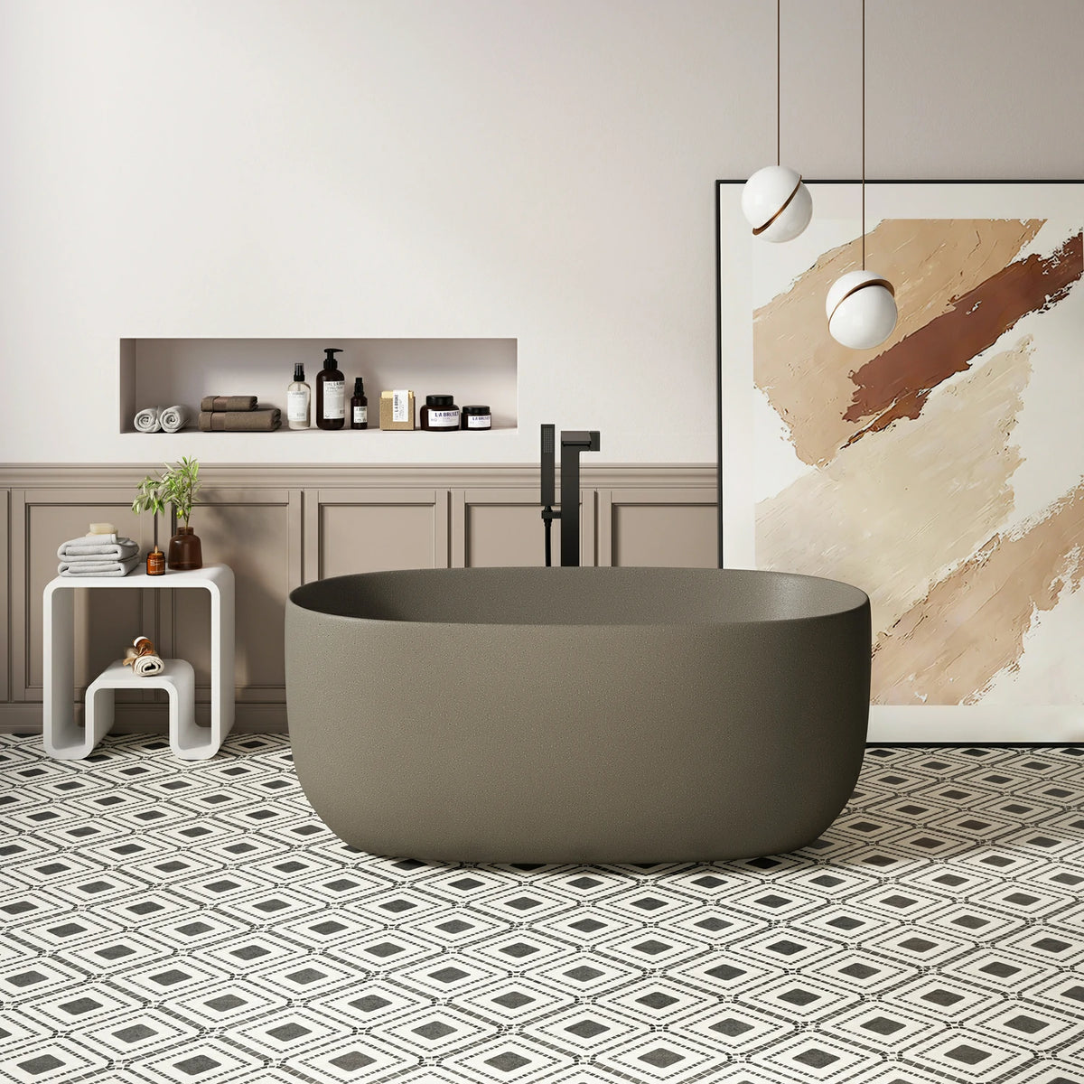 51" Freestanding Stone Resin Soaking Tub with One-Side Overflow, Turquoise Green/Beige/Cream Grey/Grey