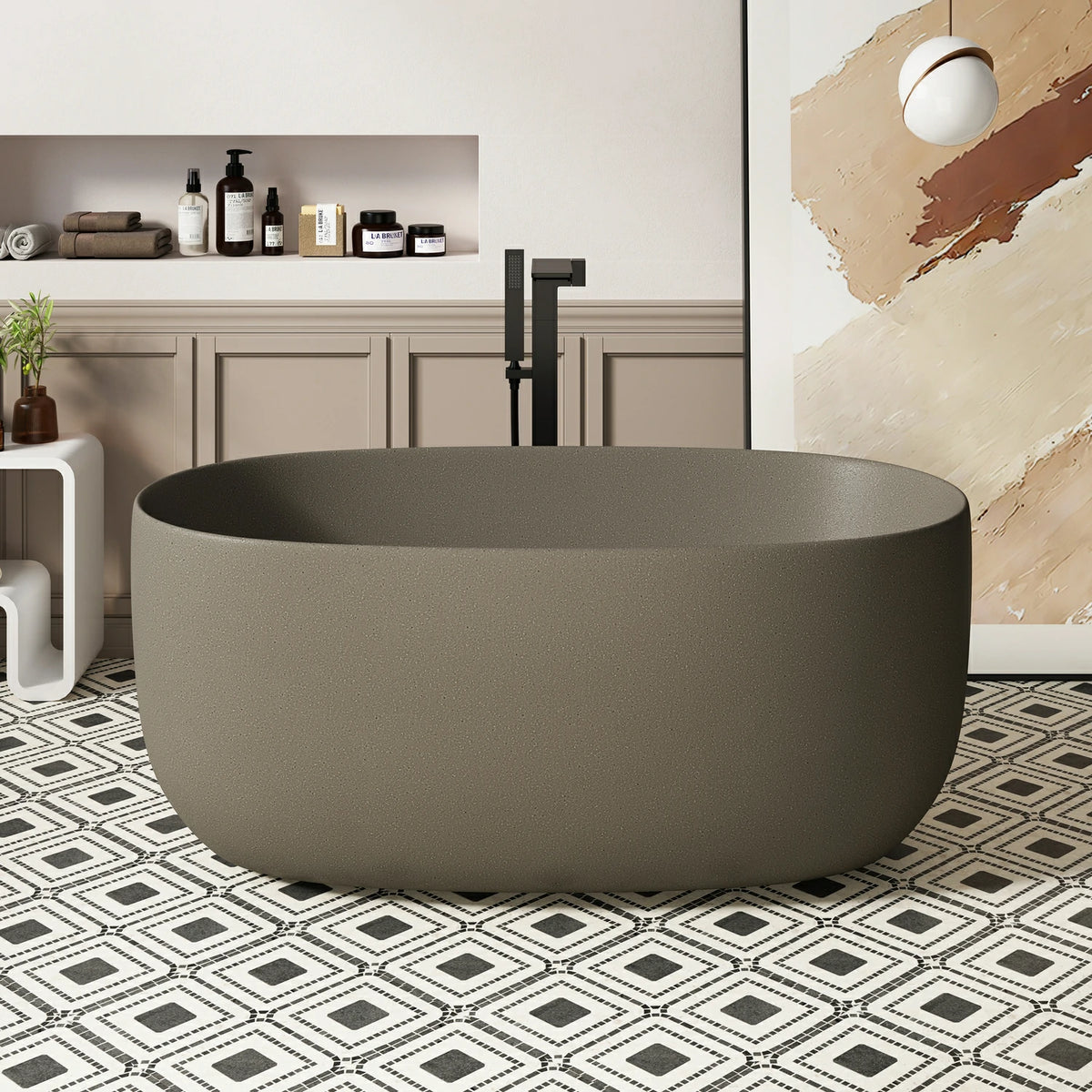 51" Freestanding Stone Resin Soaking Tub with One-Side Overflow, Turquoise Green/Beige/Cream Grey/Grey