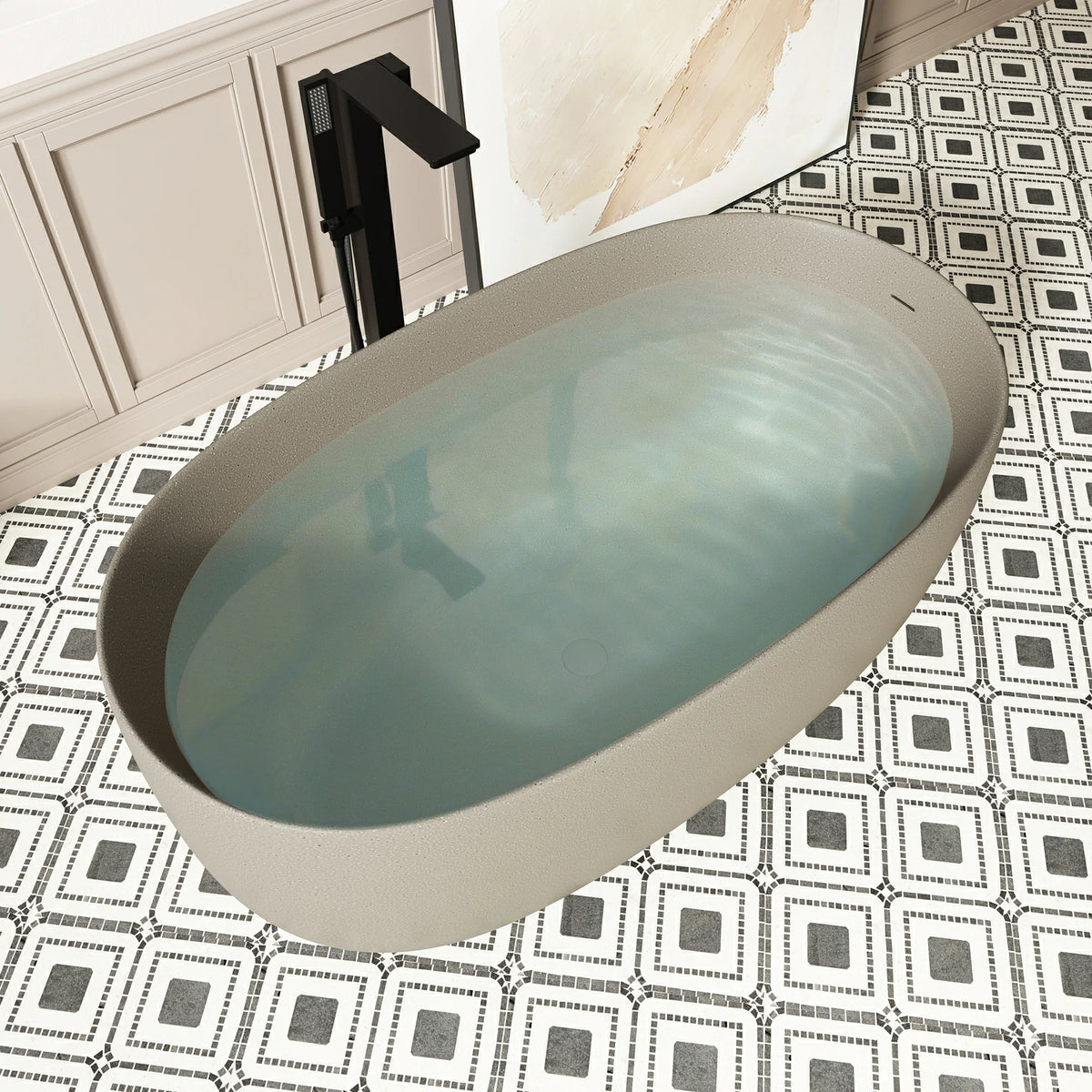 51" Freestanding Stone Resin Soaking Tub with One-Side Overflow, Turquoise Green/Beige/Cream Grey/Grey