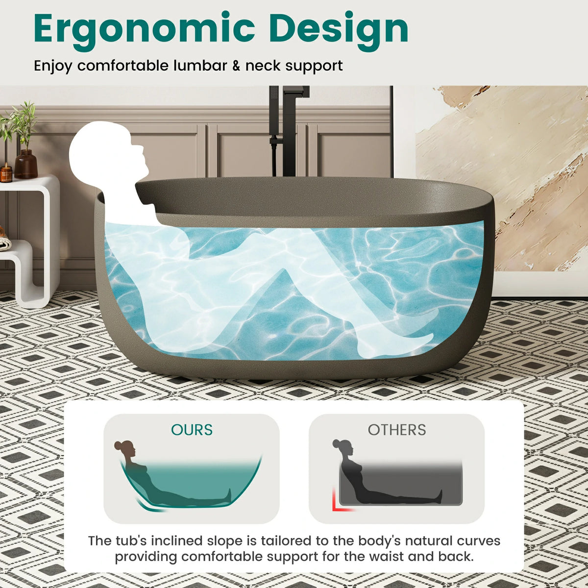 51" Freestanding Stone Resin Soaking Tub with One-Side Overflow, Turquoise Green/Beige/Cream Grey/Grey