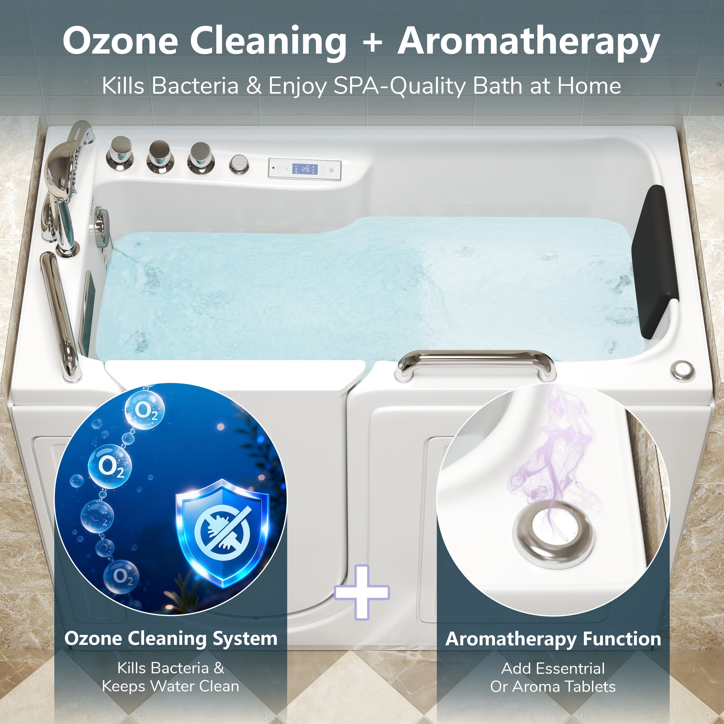 Walk-In Whirlpool Bathtub with Hydro-Air Massage, Heater & Ozone