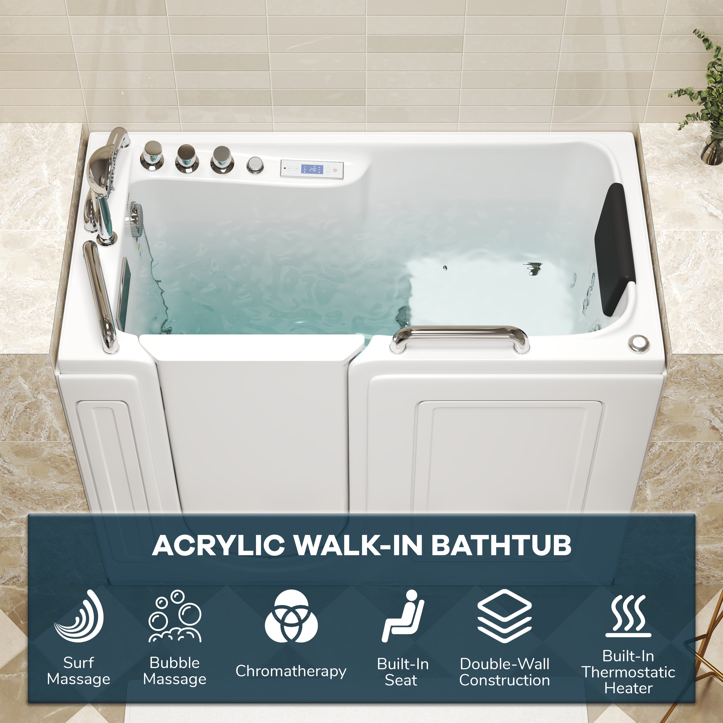 Walk-In Whirlpool Bathtub with Hydro-Air Massage, Heater & Ozone