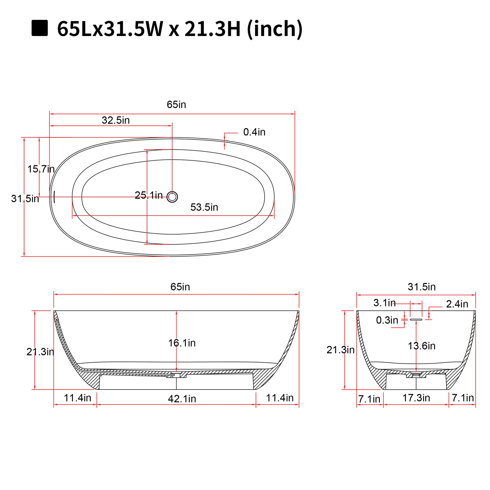 57"/61"/65"/69" Cream Grey Stone Resin Freestanding Soaking Bathtub with One-Side Overflow