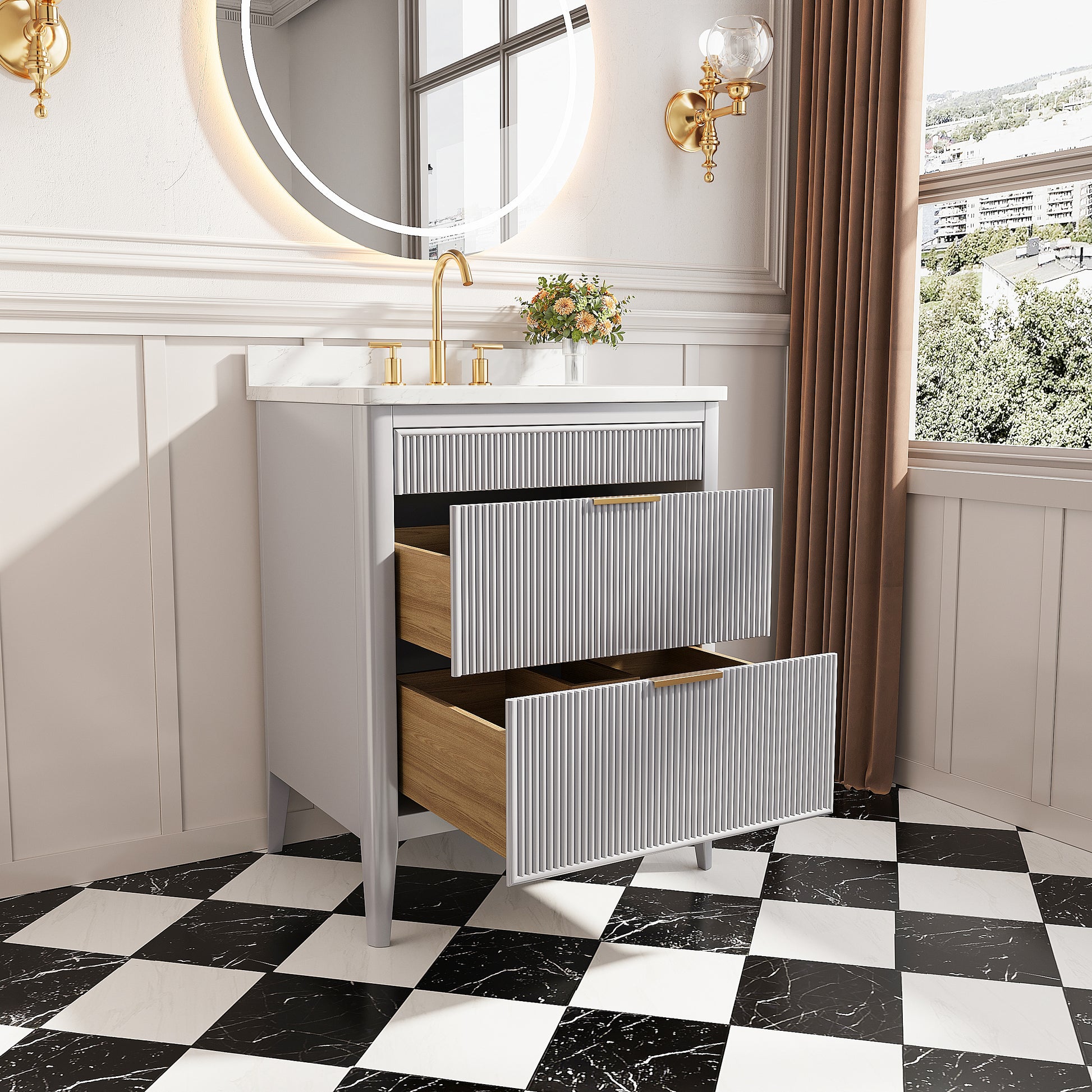 30"/36"/48" Freestanding Single Sink Bathroom Vanity with Solid Wood Construction & Marble Top