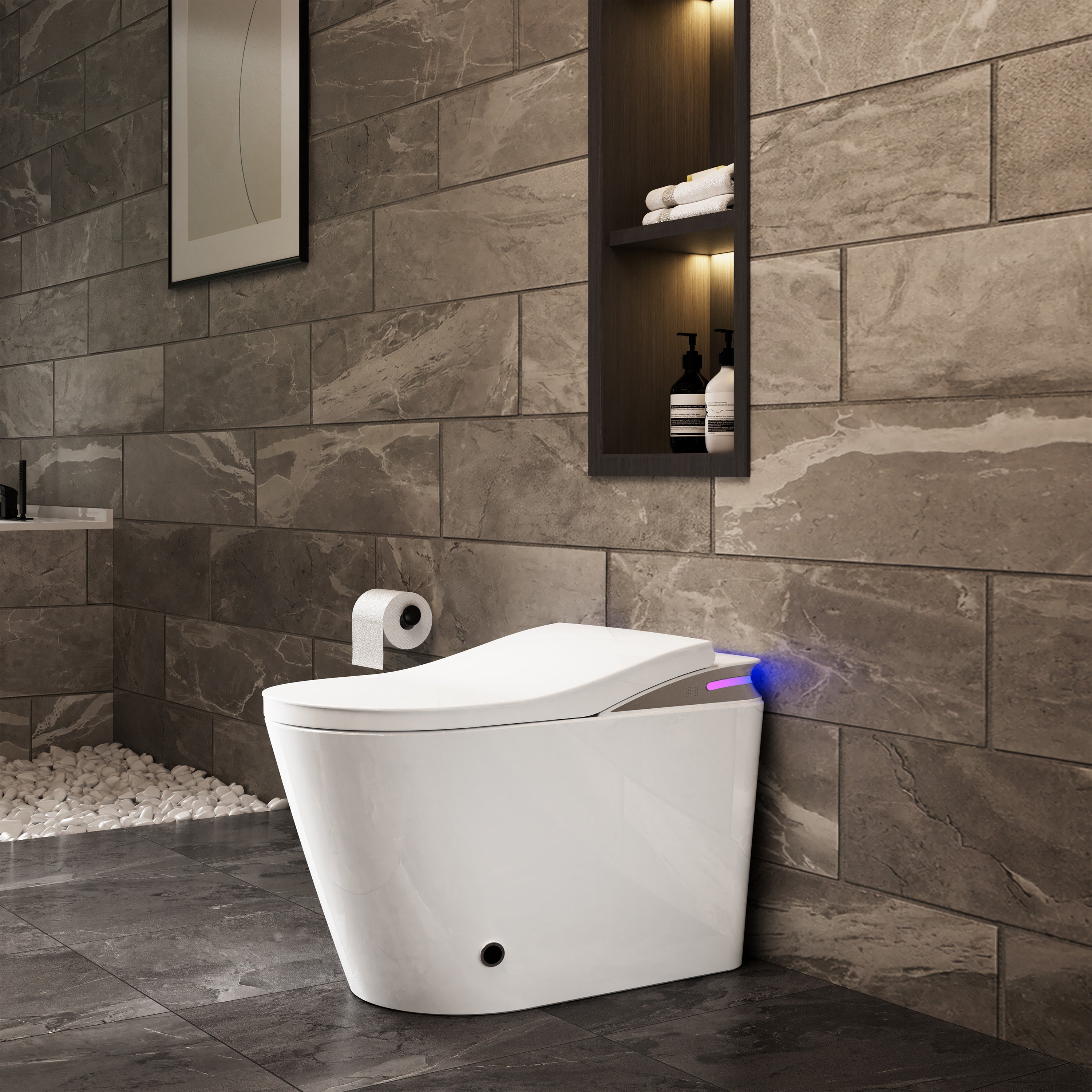 One-Piece Chair Height Elongated Smart Bidet Toilet with Auto Lid, Foam Shield Protection & Dual Flush