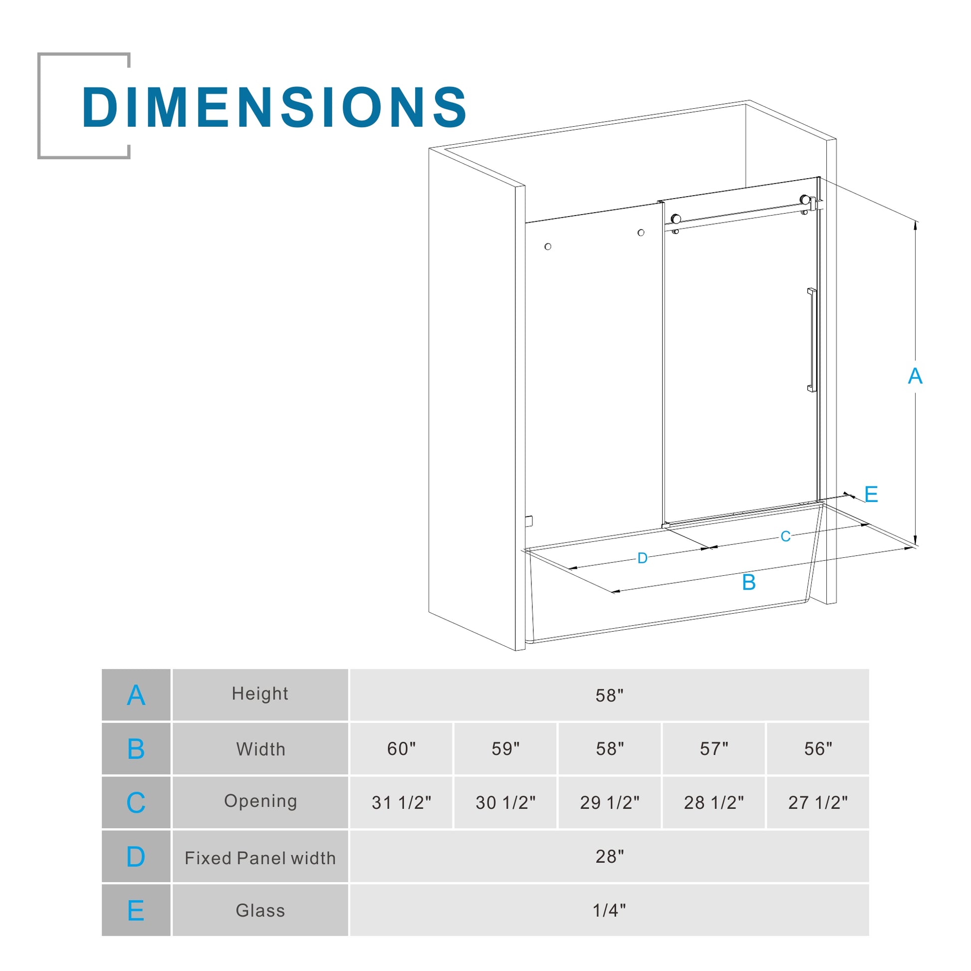 60"x 58" Bathtub Door, Frameless Tub Sliding Shower Door