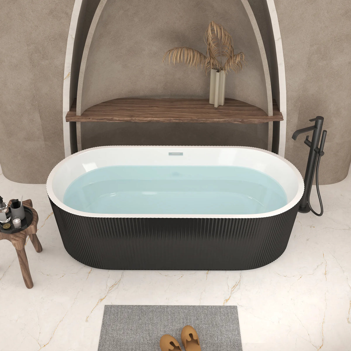 59"/67" Acrylic Freestanding Bathtub with Vertical Fluted Exterior, Gloss Black/White