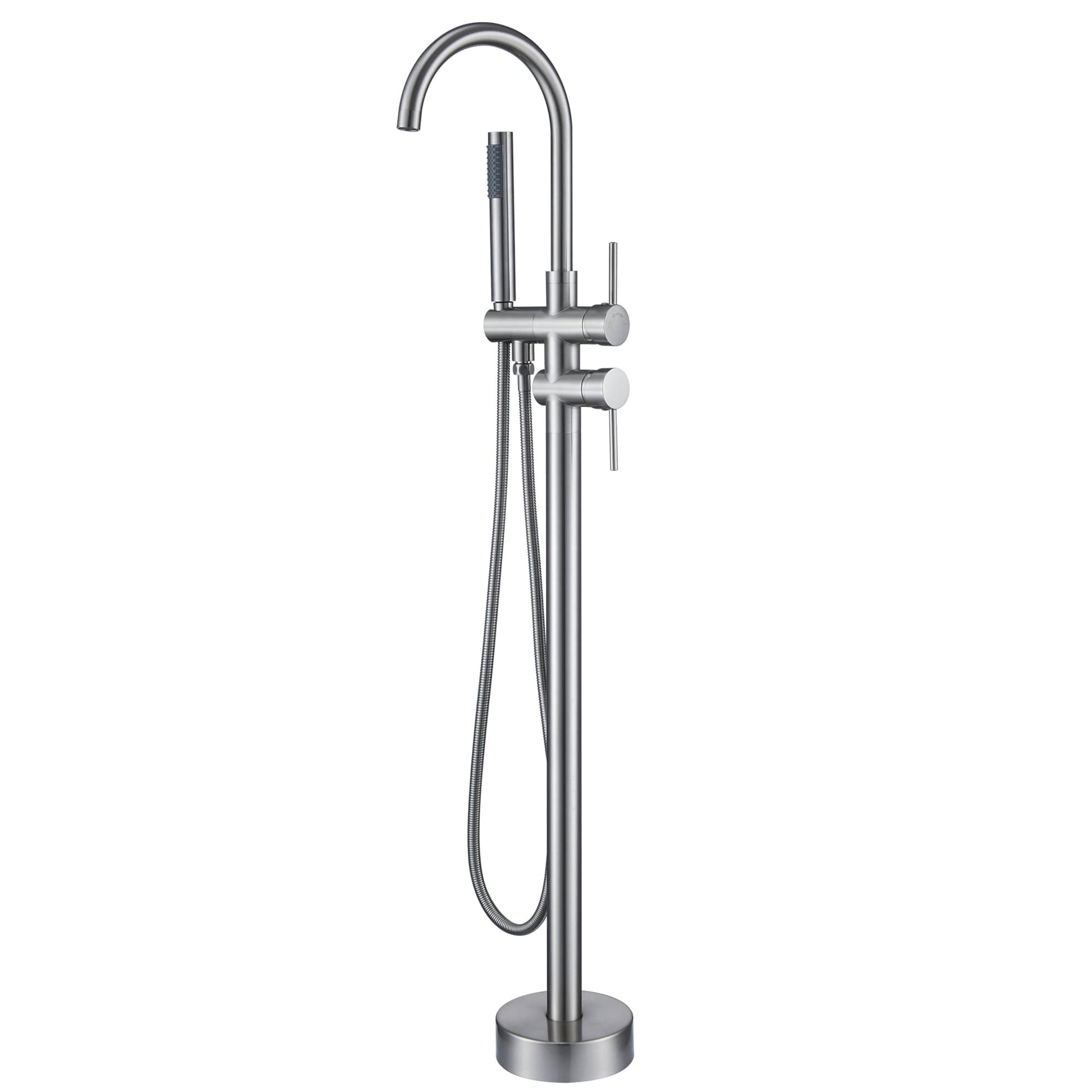 Double-Handles Floor-Mount High Arch Tub Faucet High Flow Bathroom Tub Filler with Handshower 