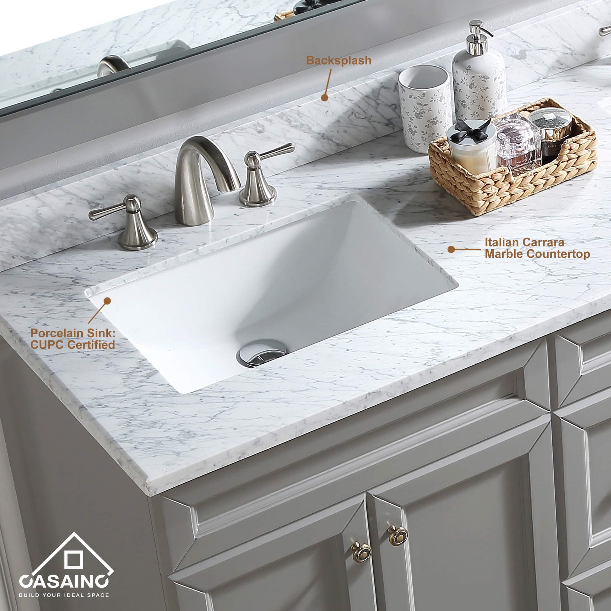 CASAINC 60 x 22 x 35.4 in. Solid Wood Bath Vanity with Marble Top and Backsplash in Gray/White (No/With Mirror)