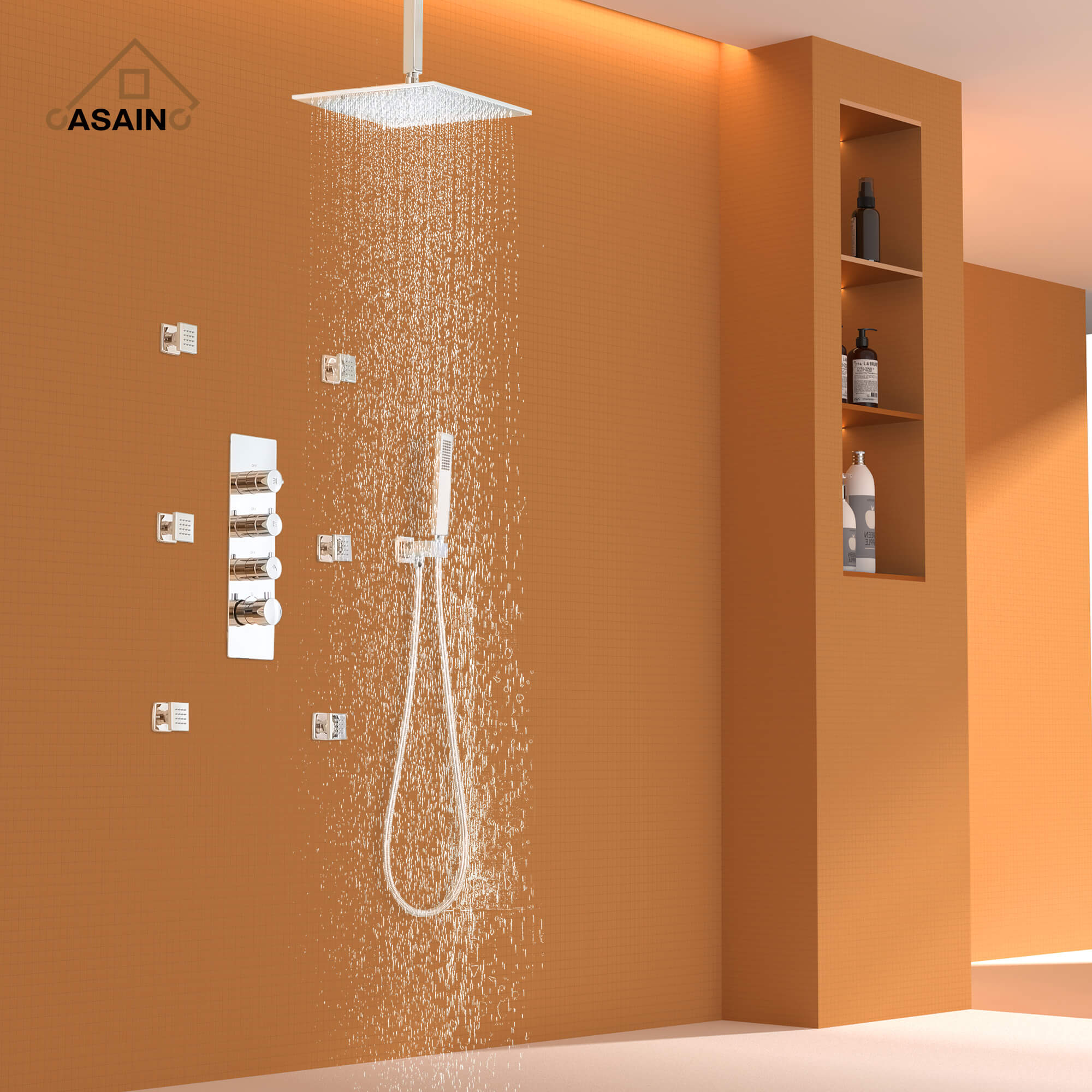 CASAINC Chrome 12 Inch 6-Spray Rainfall Built-In Shower System