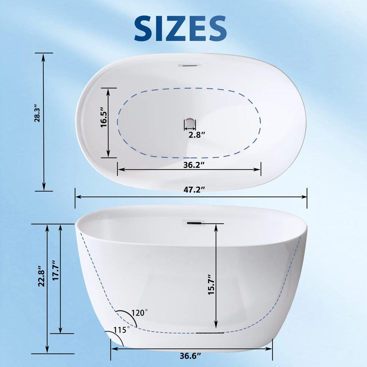 47" Gloss White Acrylic Oval Freestanding Bathtub with Chrome Overflow and Pop-Up Drain