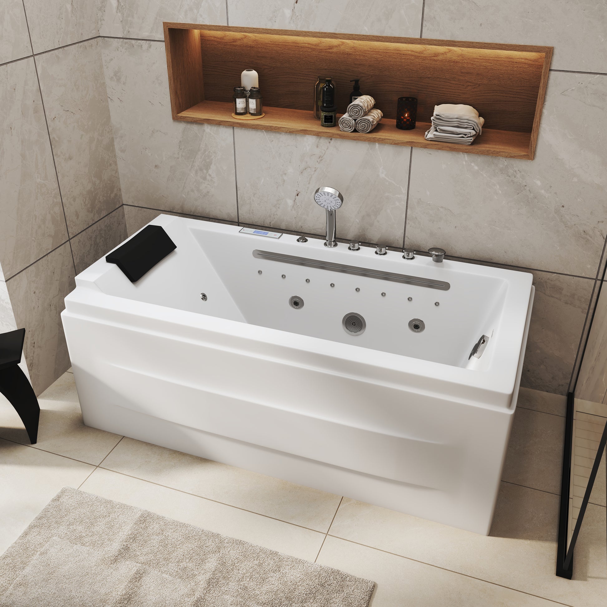 59" Freestanding Acrylic Hydro-Air Massage Bathtub with Dual LED Waterfall Inlets, Chromotherapy Lighting & Constant Temperature Heater