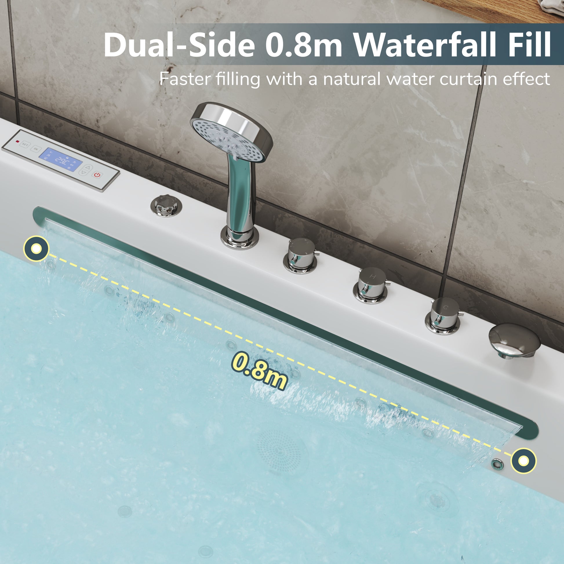 59" Freestanding Acrylic Hydro-Air Massage Bathtub with Dual LED Waterfall Inlets, Chromotherapy Lighting & Constant Temperature Heater