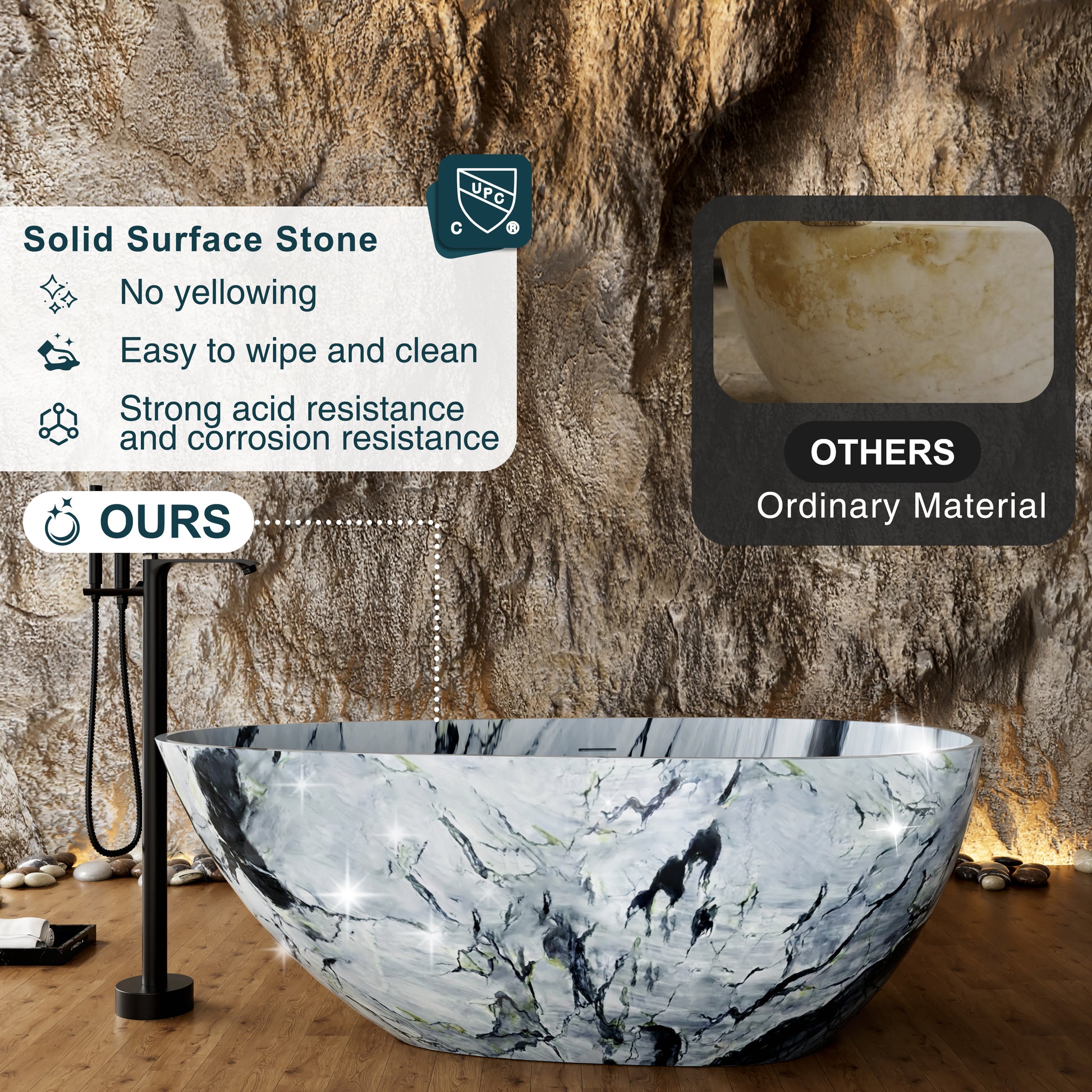 59" Egg-Shaped Solid Surface Freestanding Bathtub with Spa-Like Comfort - Veinflow