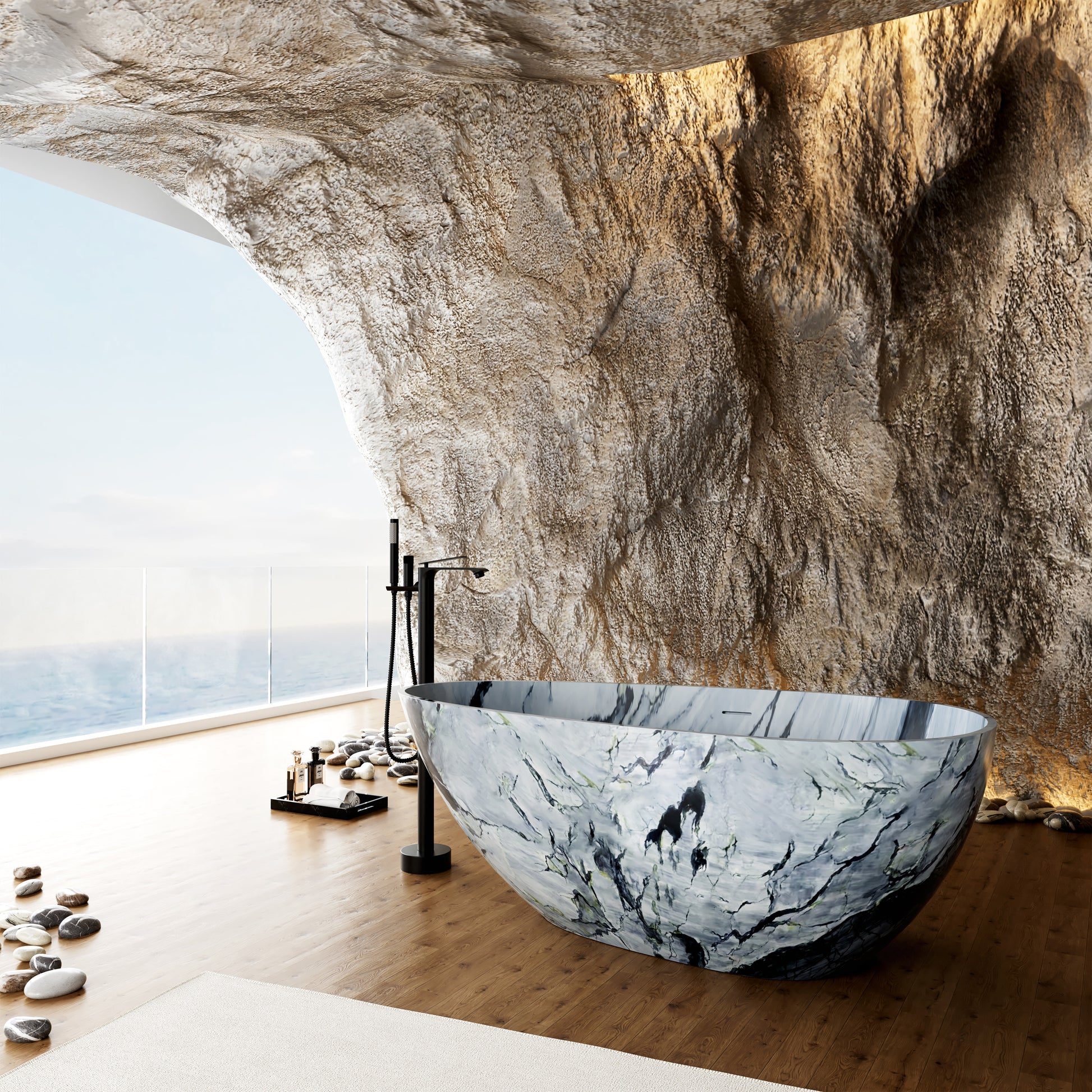 59" Egg-Shaped Solid Surface Freestanding Bathtub with Spa-Like Comfort - Veinflow