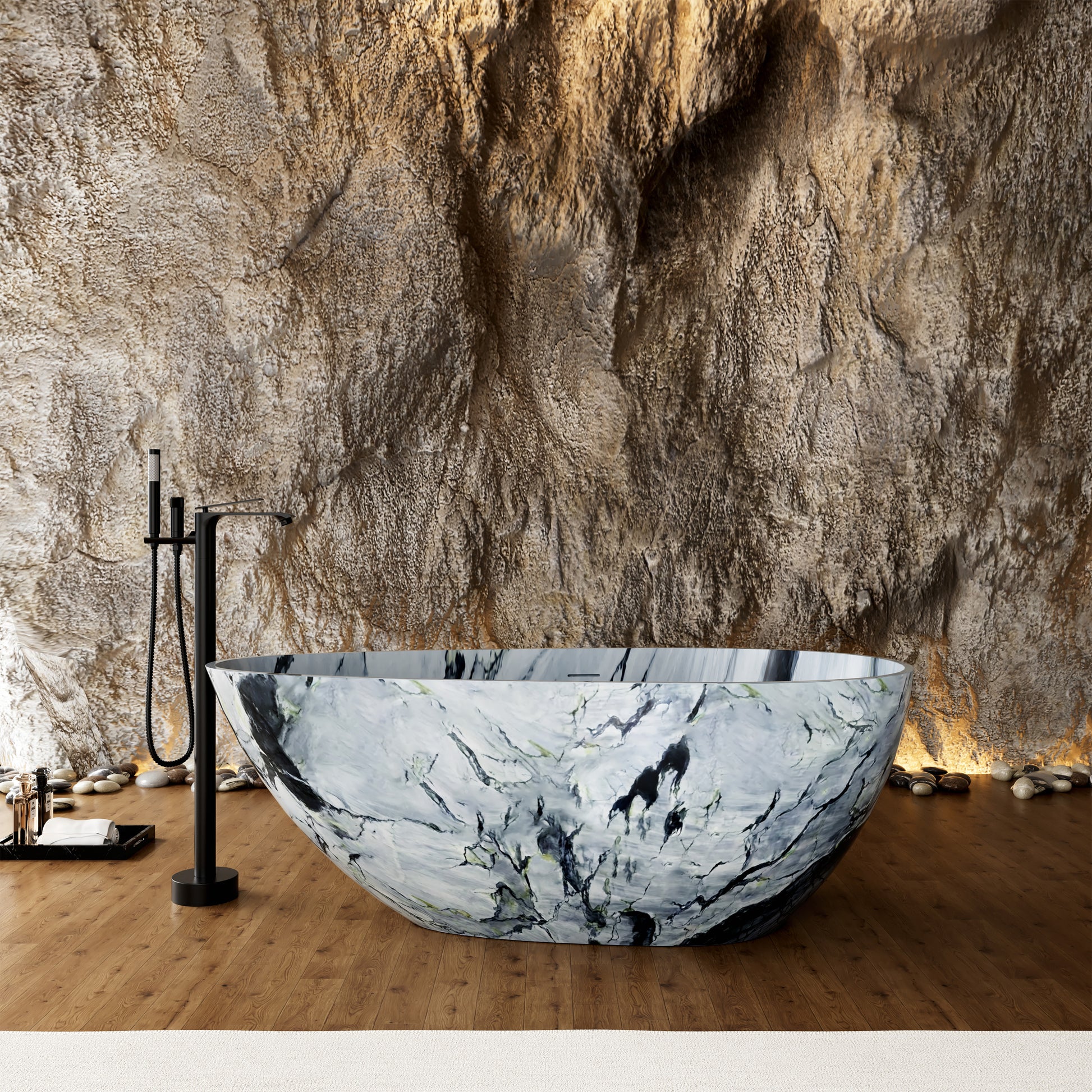 59" Egg-Shaped Solid Surface Freestanding Bathtub with Spa-Like Comfort - Veinflow