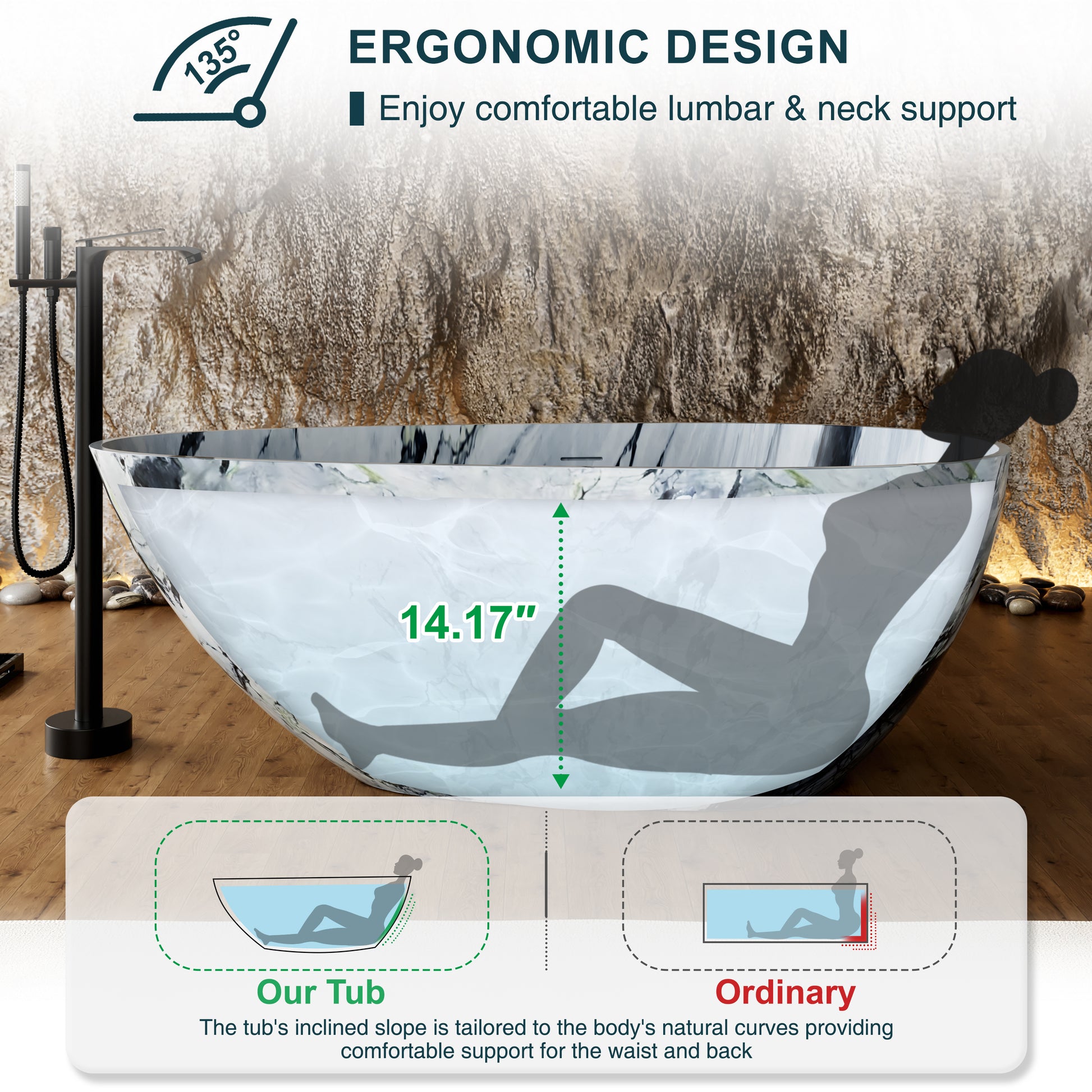 59" Egg-Shaped Solid Surface Freestanding Bathtub with Spa-Like Comfort - Veinflow