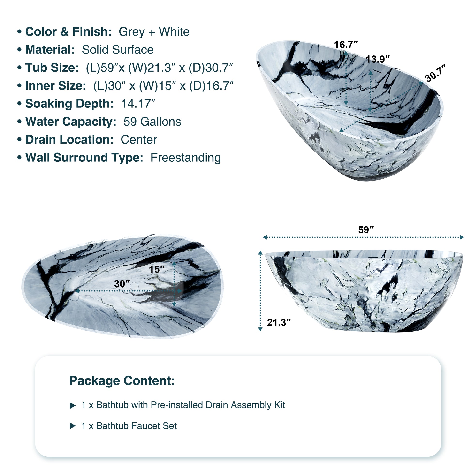 59" Egg-Shaped Solid Surface Freestanding Bathtub with Spa-Like Comfort - Veinflow