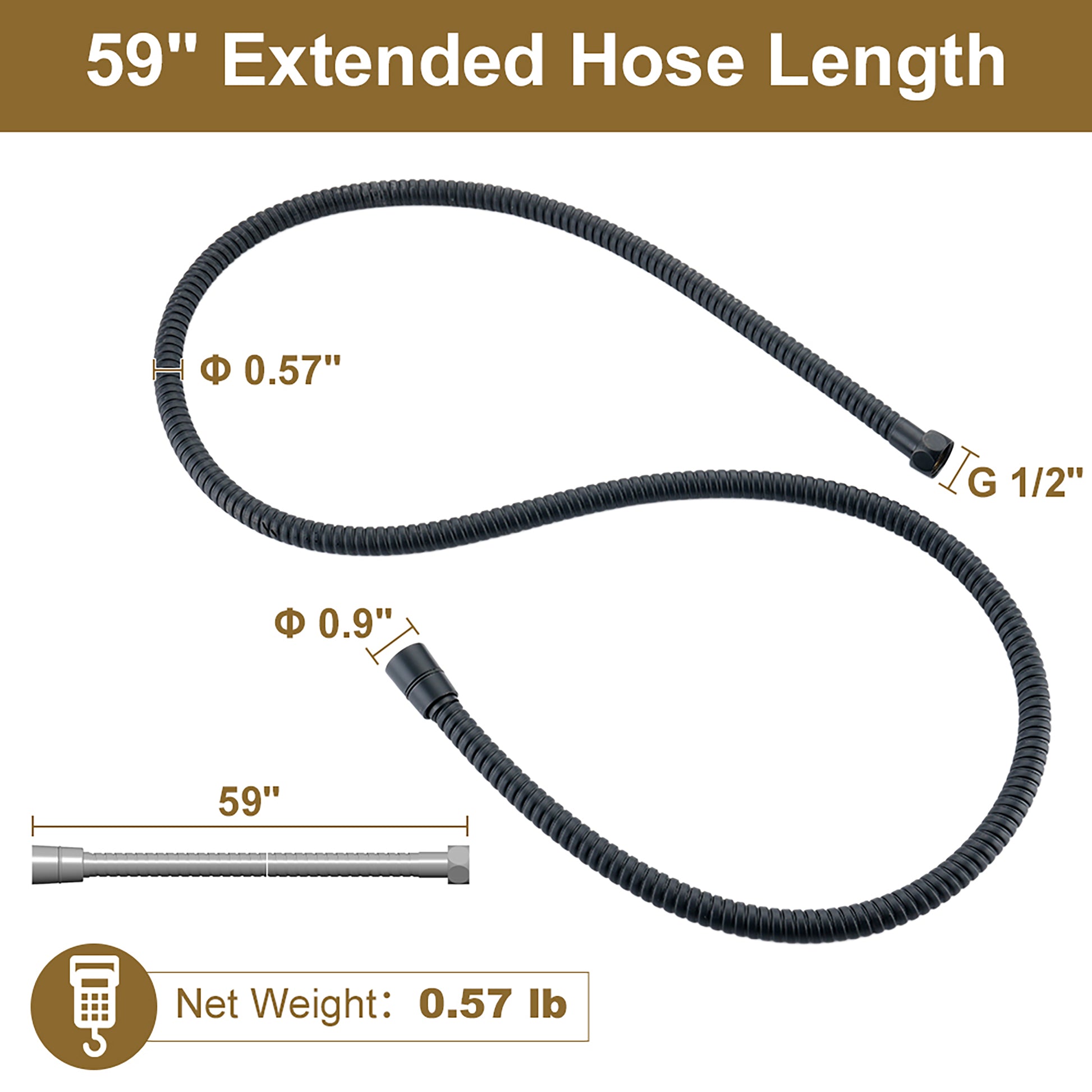 59" Fade-Resistant Black Shower Hose Universal G1/2 Leak-Free Design