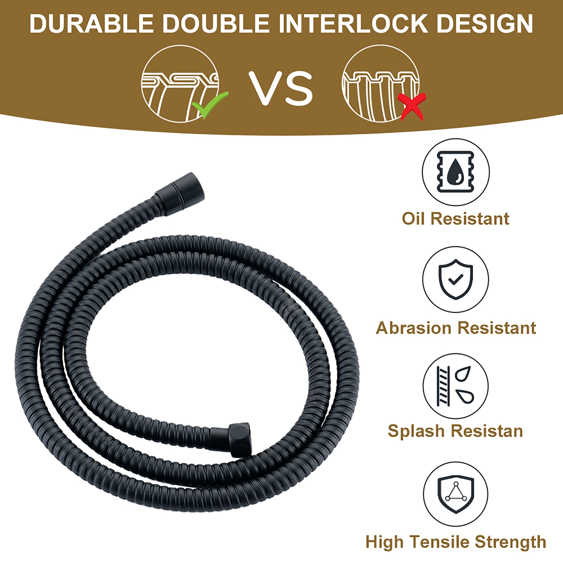 59" Fade-Resistant Black Shower Hose Universal G1/2 Leak-Free Design