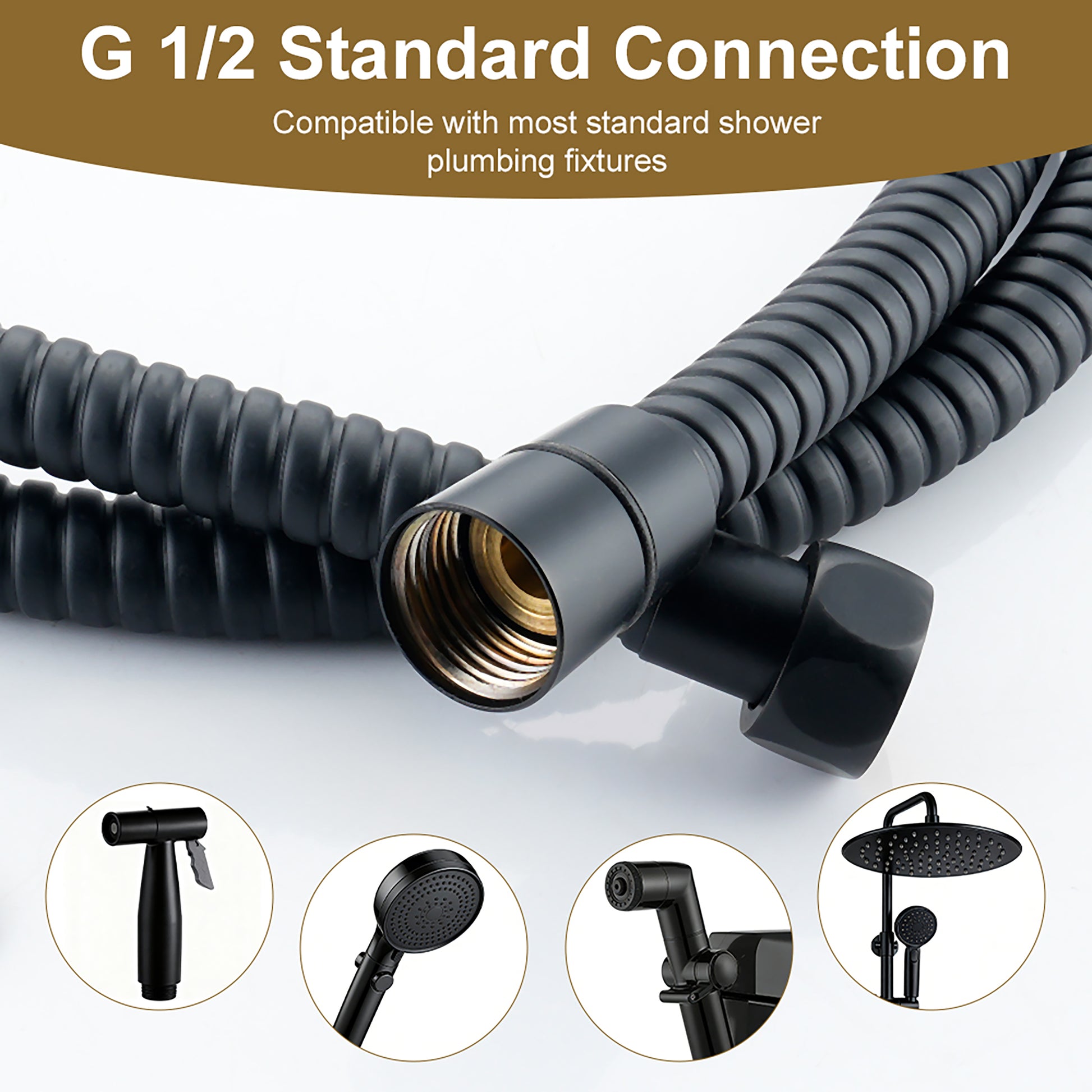 59" Fade-Resistant Black Shower Hose Universal G1/2 Leak-Free Design