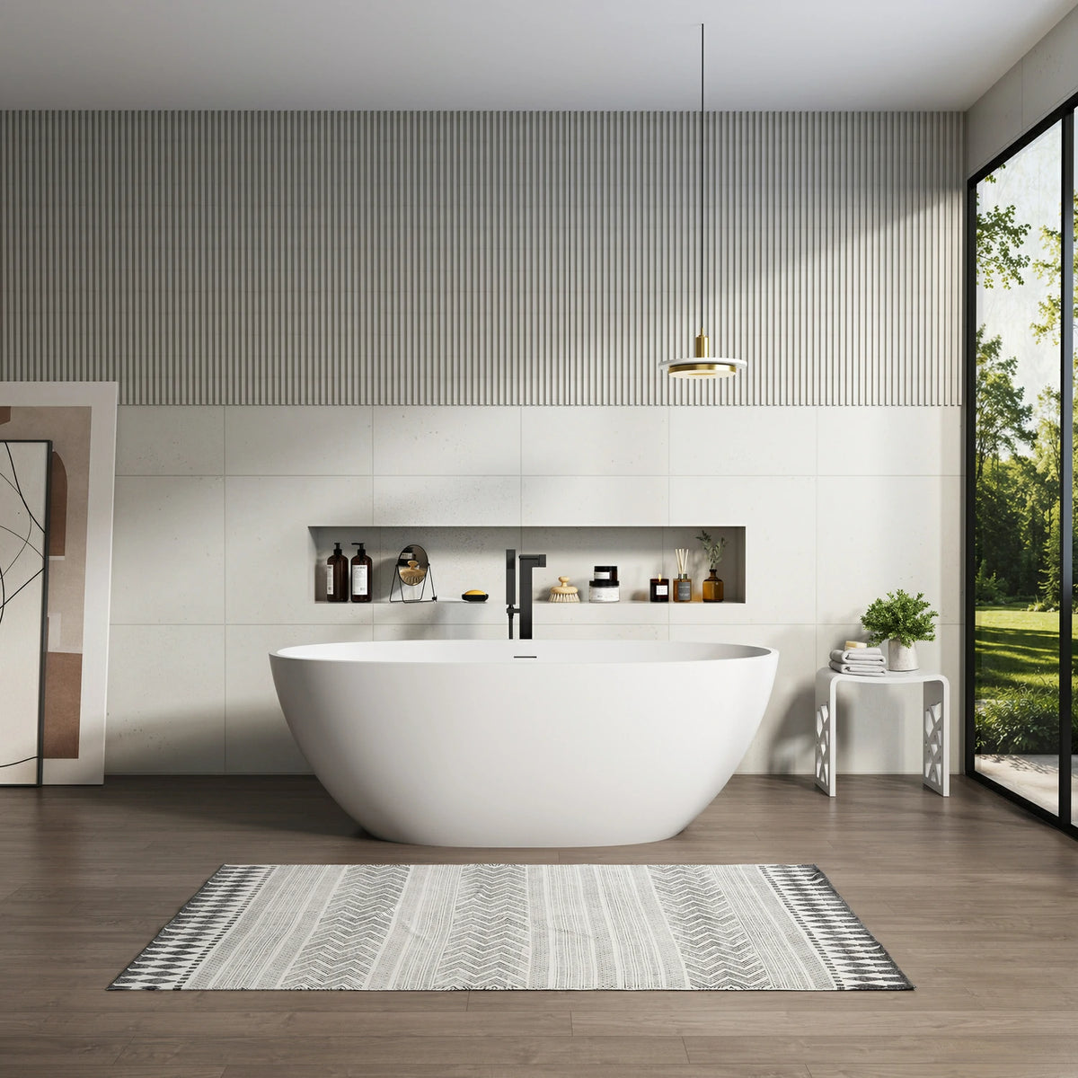 55"/59"/63"/67"/71" Freestanding Solid Surface Soaking Bathtub with Center Overflow