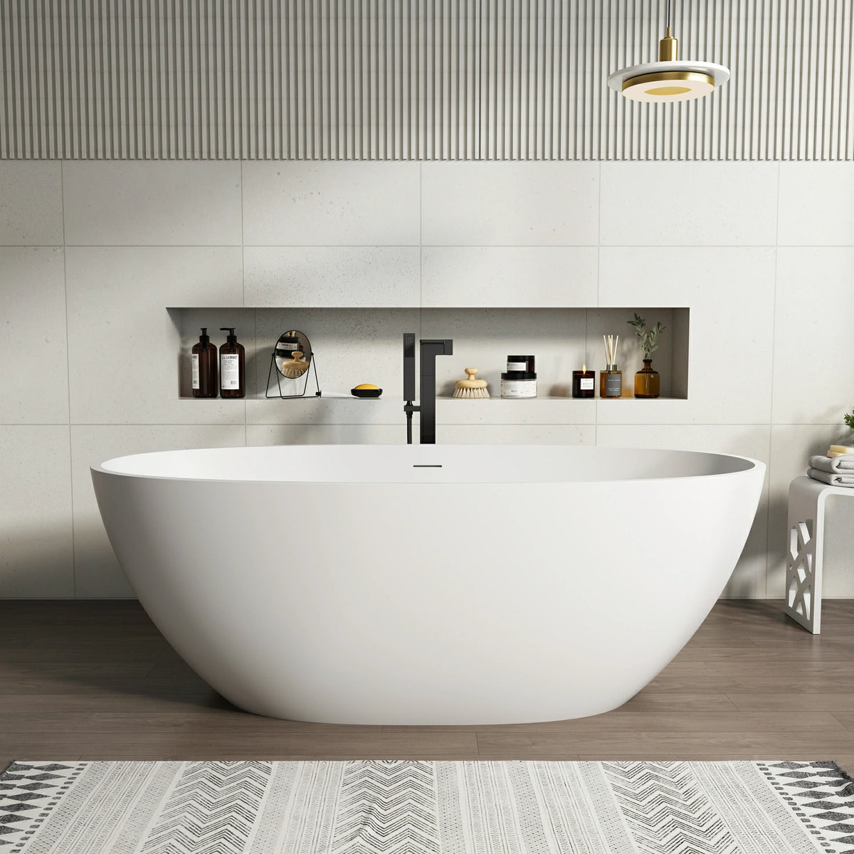 55"/59"/63"/67"/71" Freestanding Solid Surface Soaking Bathtub with Center Overflow