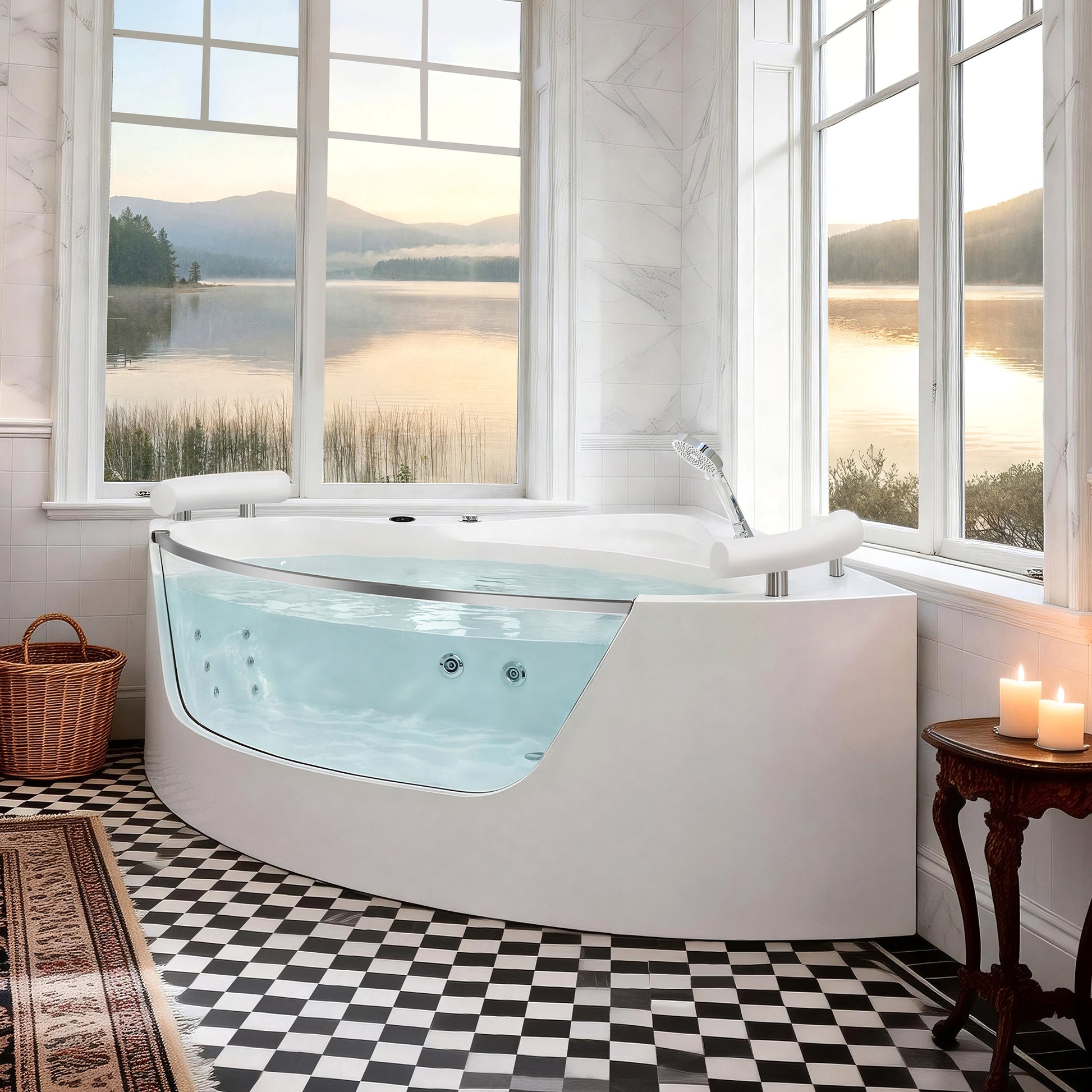 59" Acrylic Corner Whirlpool Spa Bathtub with 16 Hydro Massage Jets, Built-in Heater, LED Lighting and UL Certified