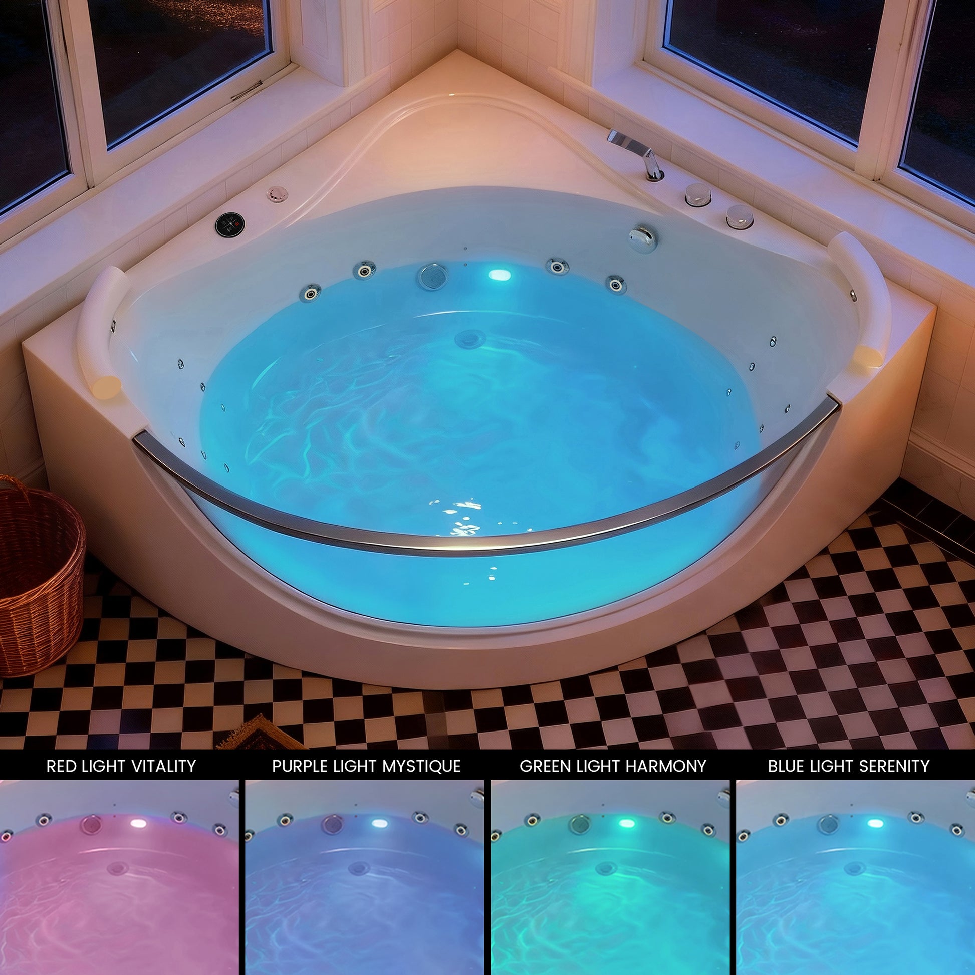 59" Acrylic Corner Whirlpool Spa Bathtub with 16 Hydro Massage Jets, Built-in Heater, LED Lighting and UL Certified