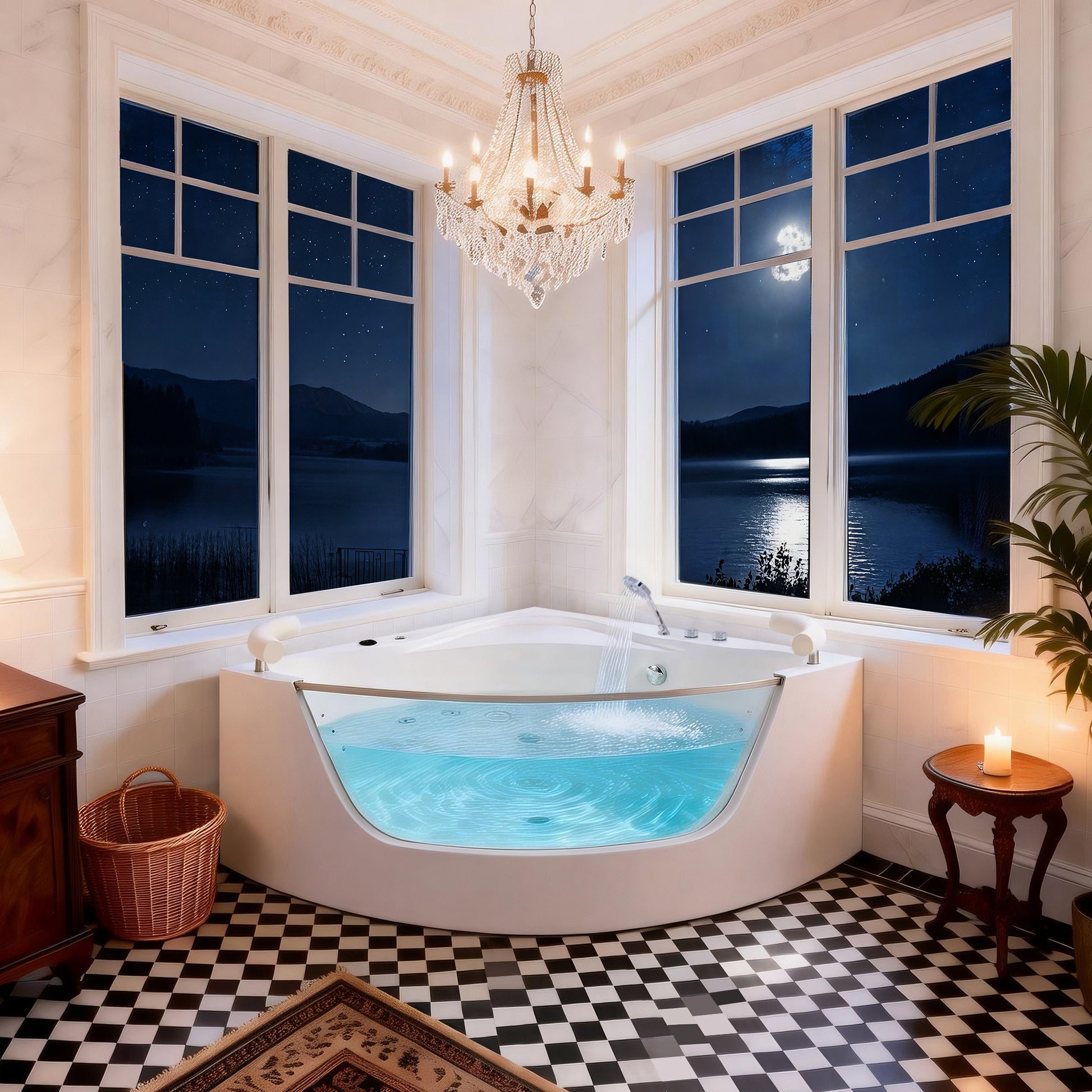 59" Acrylic Corner Whirlpool Spa Bathtub with 16 Hydro Massage Jets, Built-in Heater, LED Lighting and UL Certified