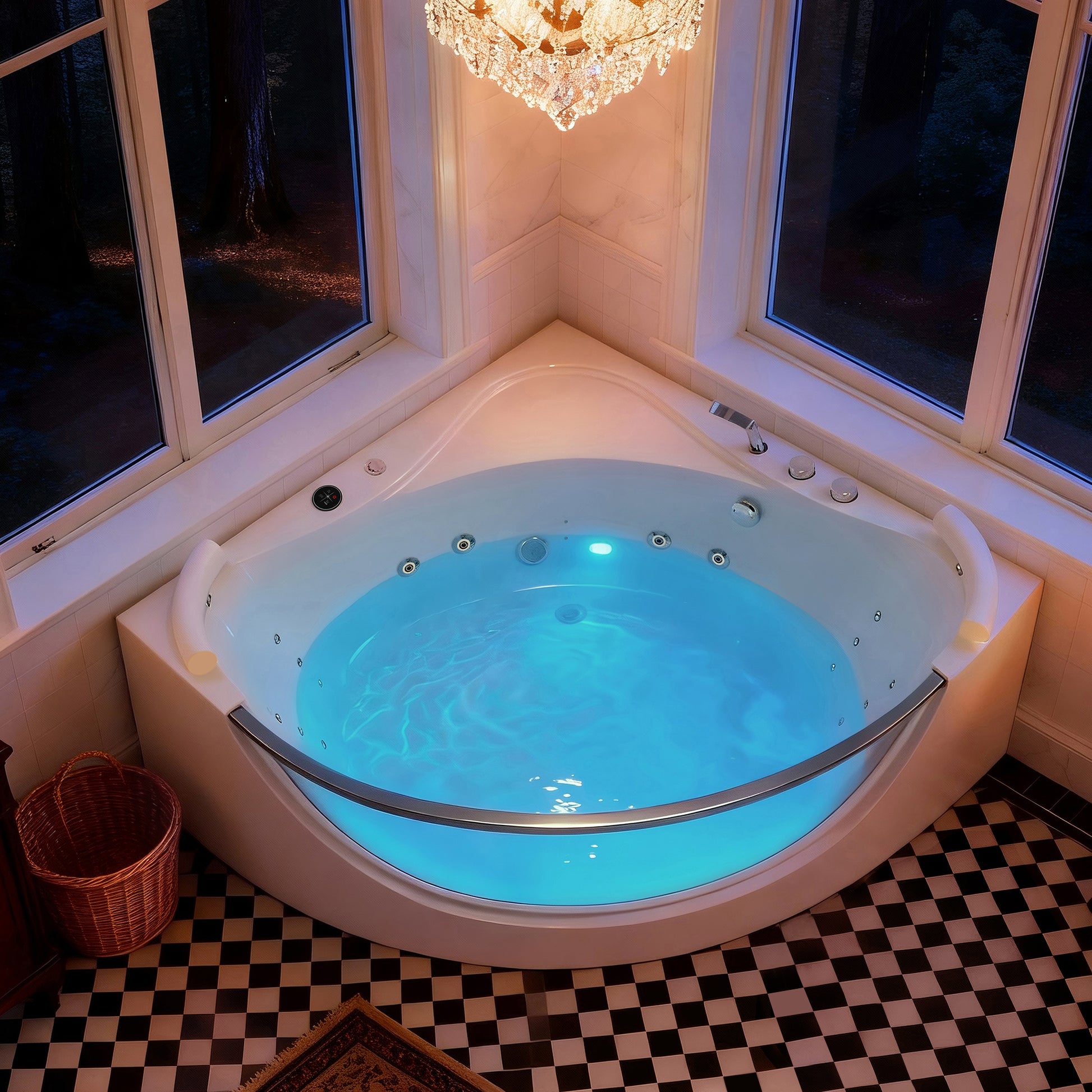 59" Acrylic Corner Whirlpool Spa Bathtub with 16 Hydro Massage Jets, Built-in Heater, LED Lighting and UL Certified